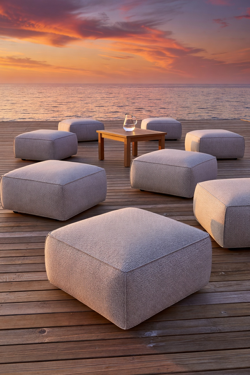 A collection of versatile modular ottoman porch furniture arranged on a coastal deck during a vibrant orange sunset.