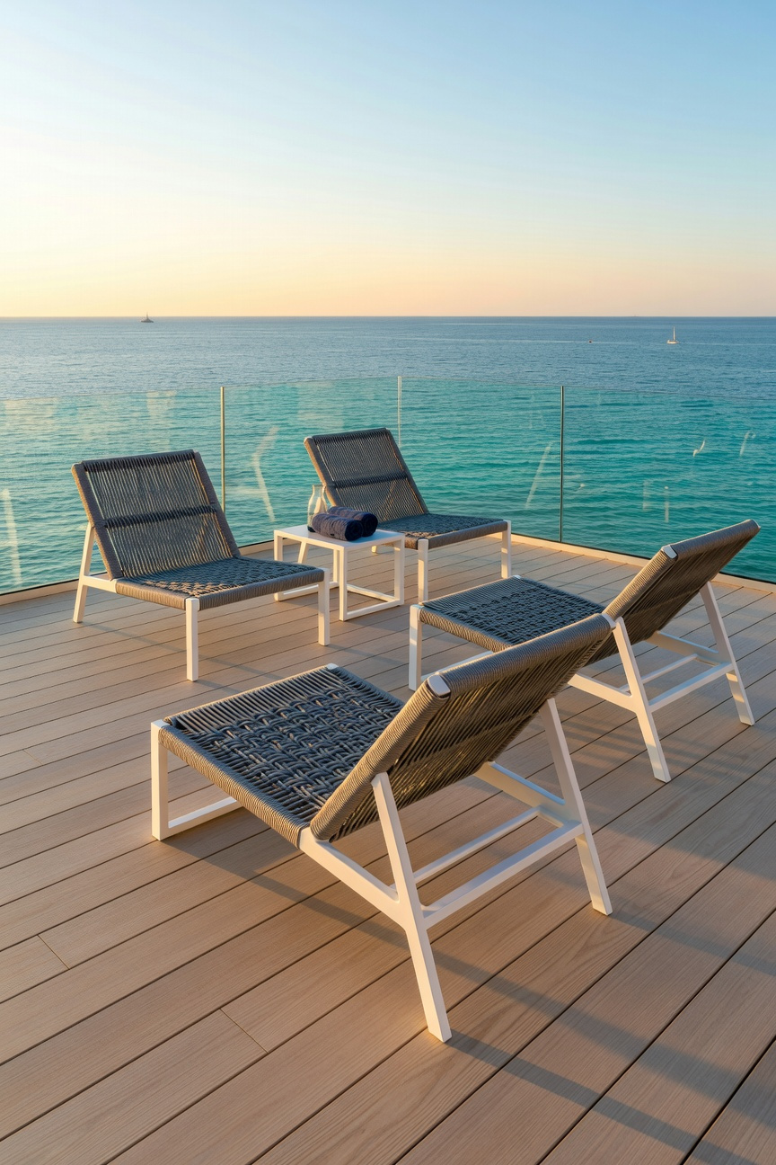 Modern coastal porch featuring minimalist chairs with structural rope detailing and an airy silhouette overlooking the ocean.