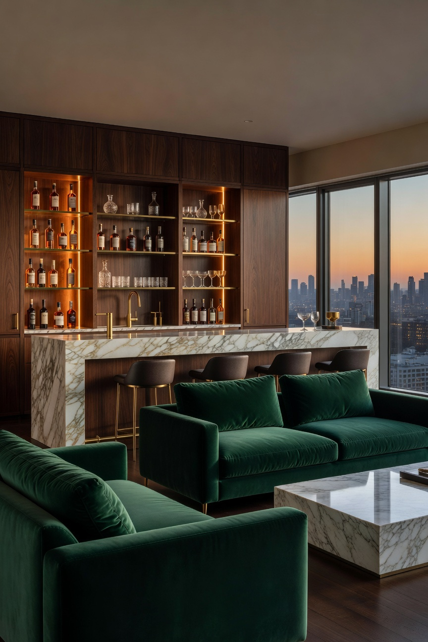 A luxurious modern living room featuring a sophisticated statement bar with custom wood cabinetry and marble accents.