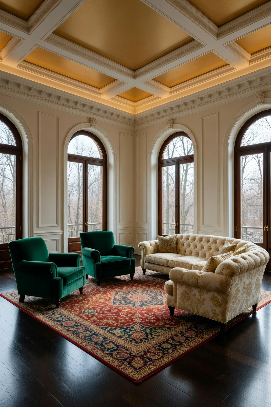 A luxurious living room featuring velvet armchairs and a sofa arranged in a central conversational circle to enhance intimacy.