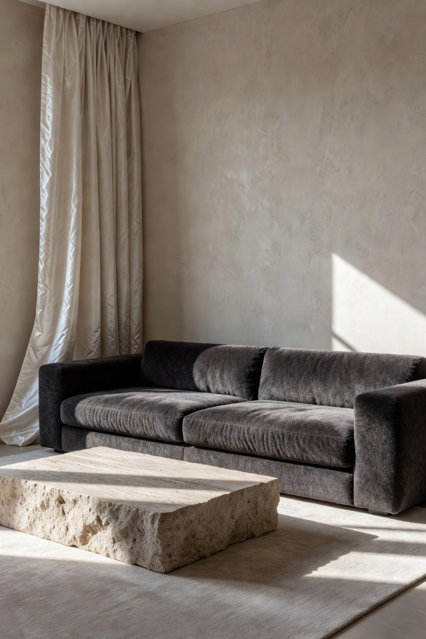 A high-end living room style featuring a mohair sofa, a rough travertine coffee table, and matte plaster walls illuminated by natural daylight.