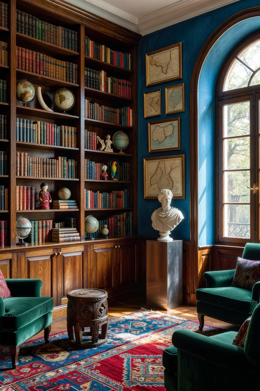 A wide-angle view of a maximalist living room style showcasing a diverse collection of travel artifacts and a floor-to-ceiling library.