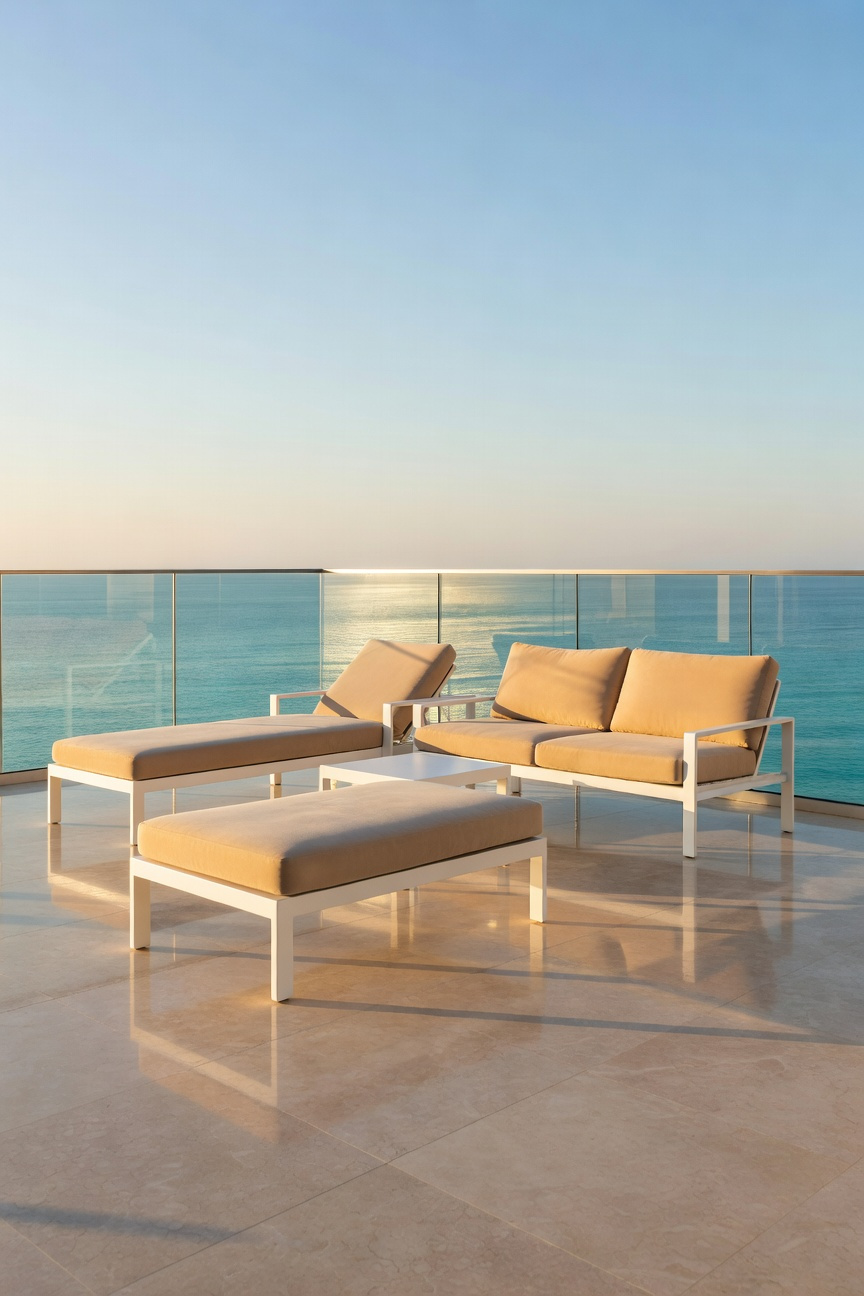 A stylish coastal porch with white powder-coated aluminum furniture overlooking the ocean at sunset.