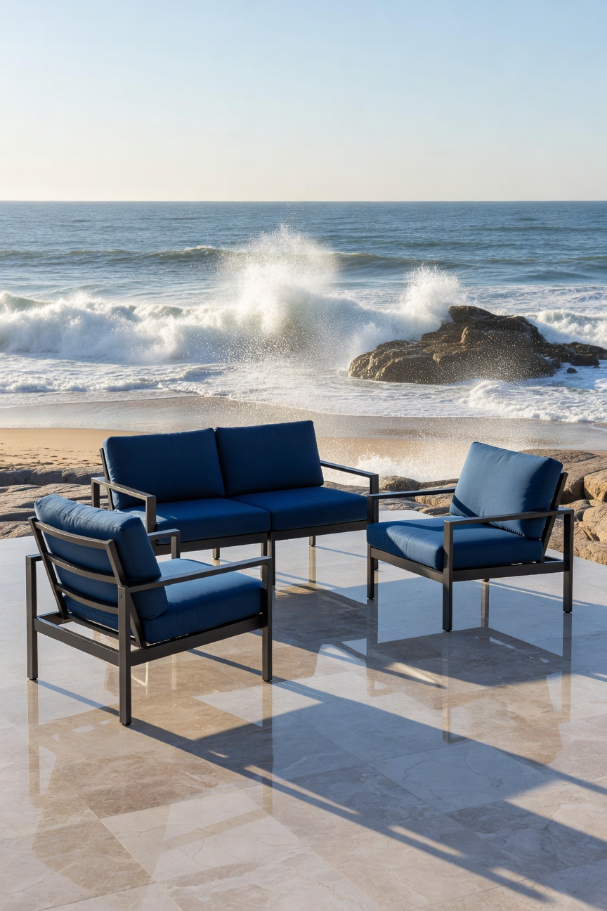 Durable marine-grade aluminum porch furniture set on a luxury oceanfront patio overlooking crashing waves and salt spray.
