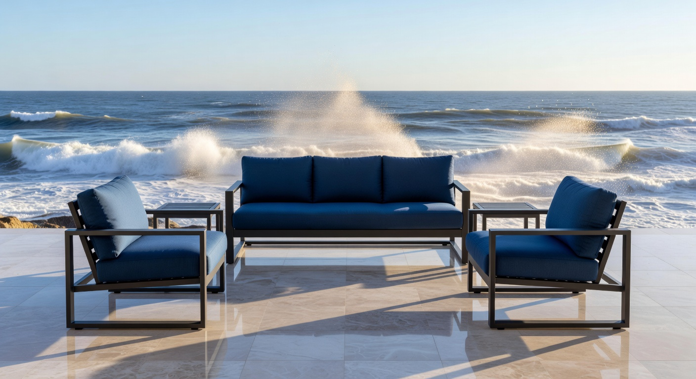 Durable marine-grade aluminum porch furniture set on a luxury oceanfront patio overlooking crashing waves and salt spray.