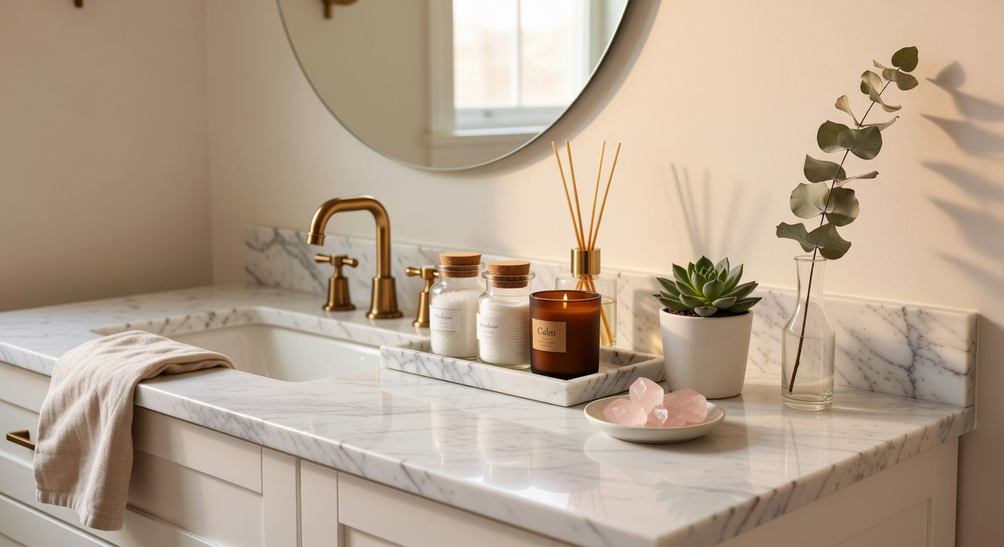 A wellness-curated bathroom vanity with marble tray, apothecary jars, candle, succulents, crystals, and dried botanicals — everything a morning ritual needs.