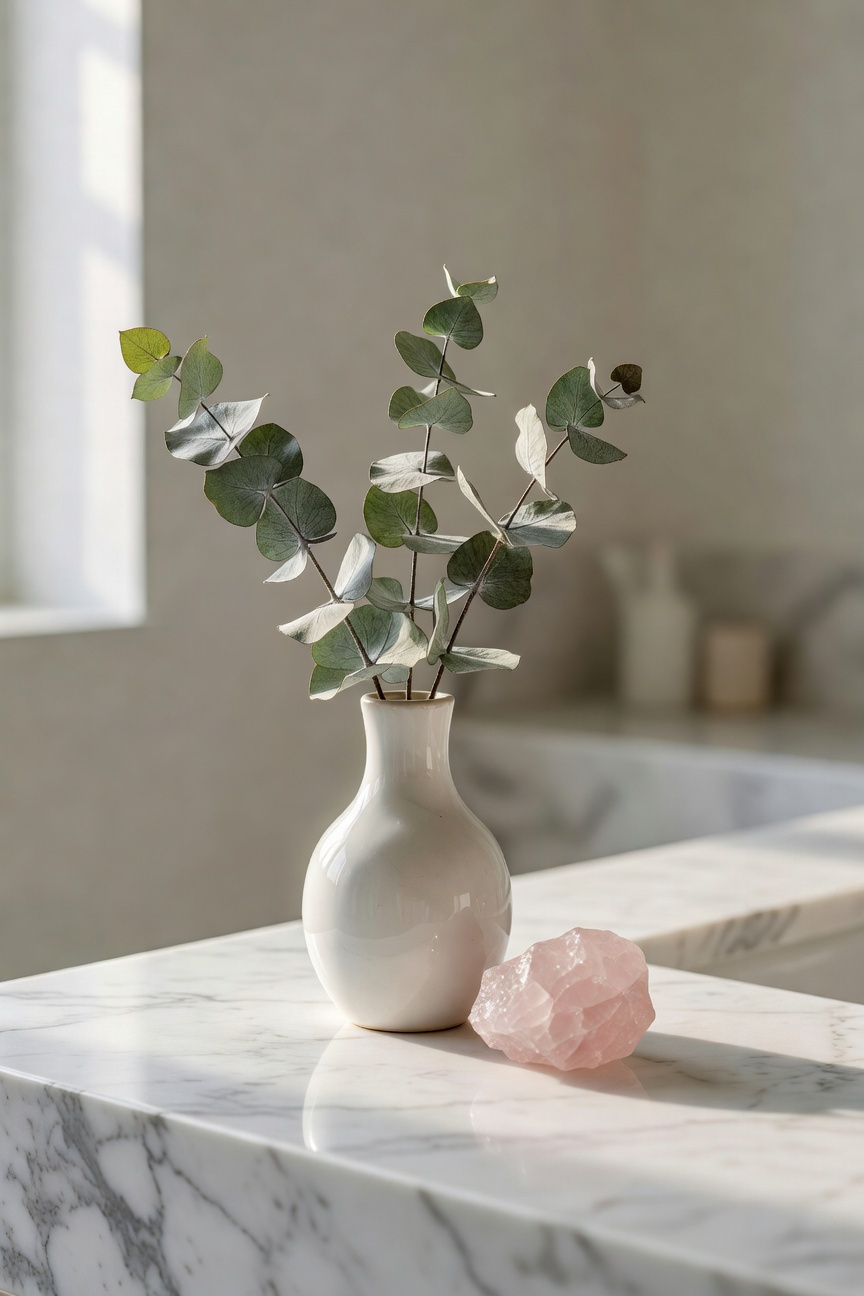 A small bud vase displaying dried eucalyptus providing aromatic wellness and organic texture to a curated bathroom vanity decoration arrangement.