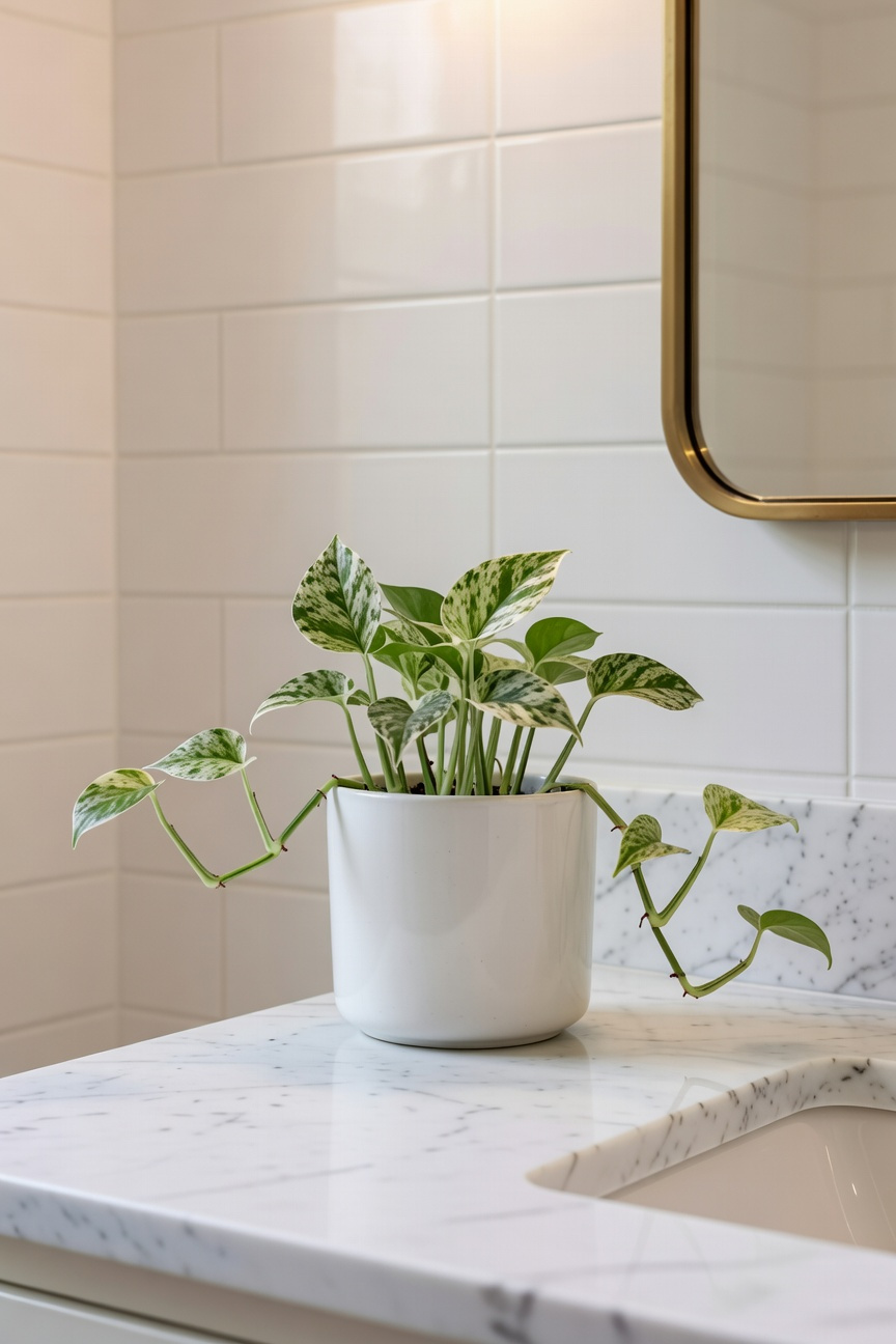 A small Pothos plant in a white ceramic pot bringing living energy and air-purifying benefits to a wellness bathroom vanity.