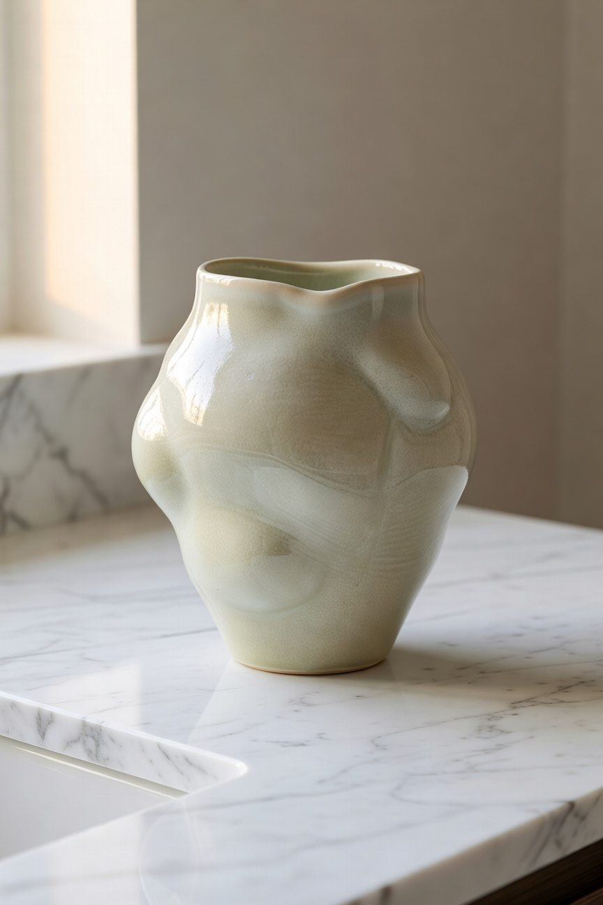 One unexpected sculptural ceramic object transforming a bathroom vanity from functional to artful, anchoring the space with intention and beauty.