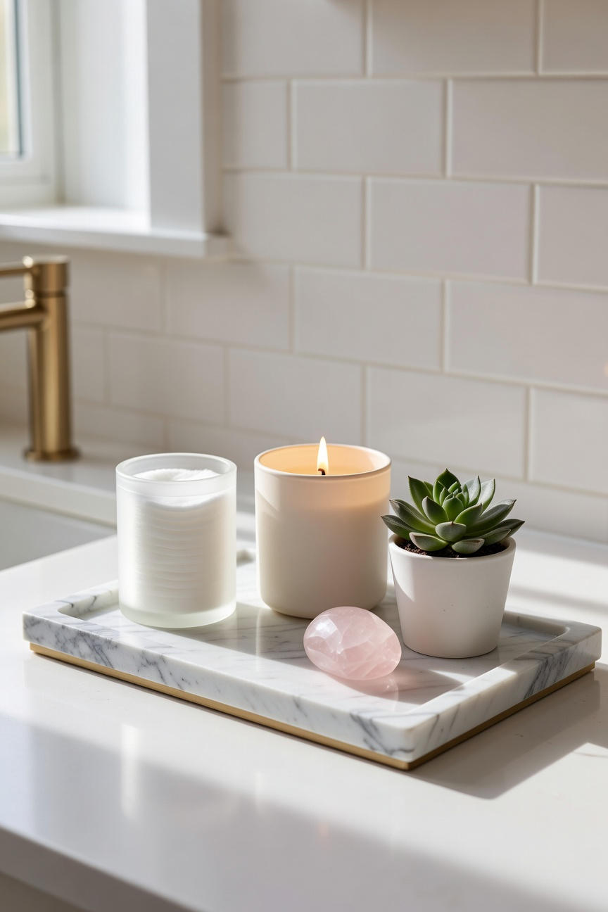 A marble vanity tray featuring four essential items — apothecary jar, candle, succulent, and crystal — demonstrating intentional curation and negative space.