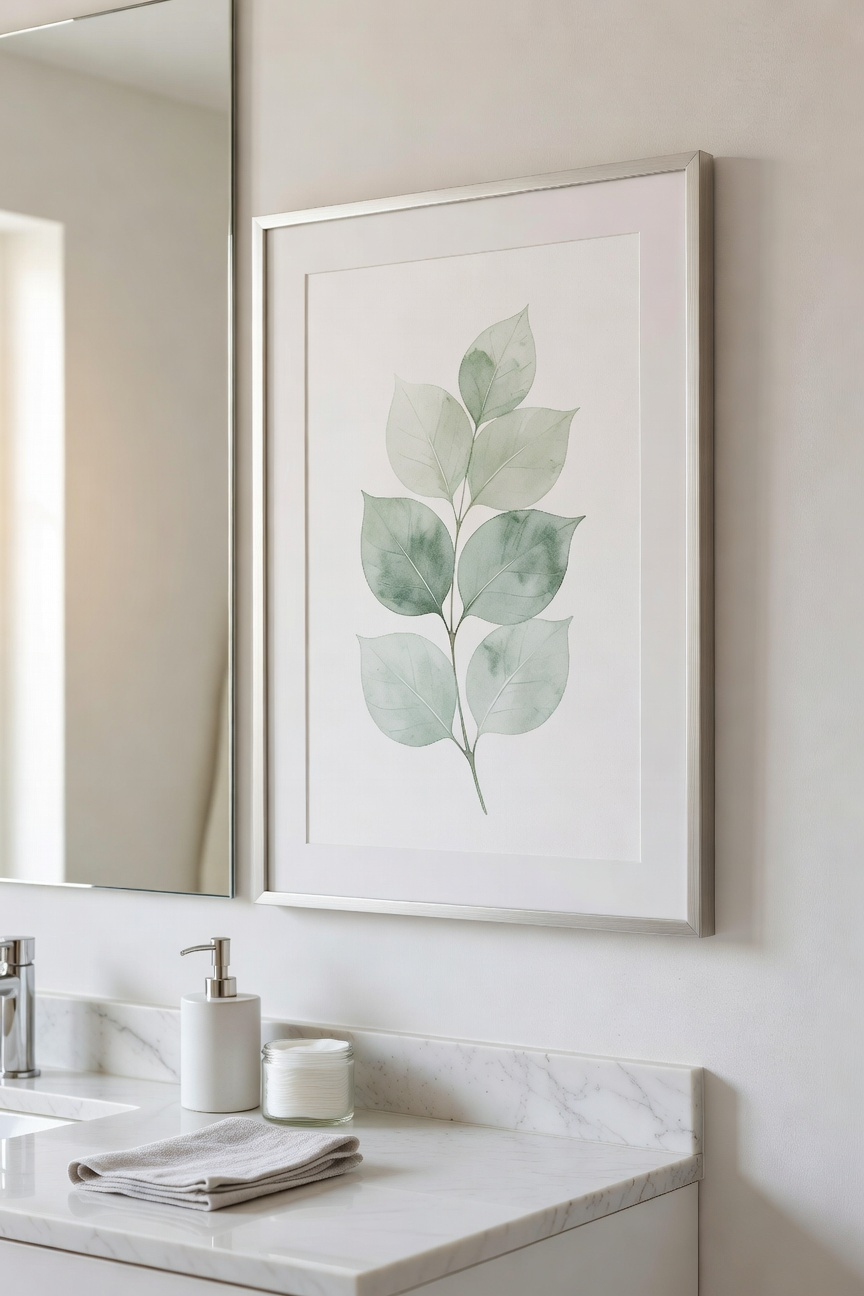 A small framed botanical print in calming blues and greens creating a moment of parasympathetic activation during the morning bathroom routine.