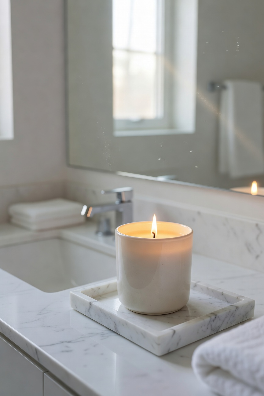 A small decorative candle in a ceramic vessel, burning cleanly and anchoring a morning wellness ritual with fragrance and atmosphere.