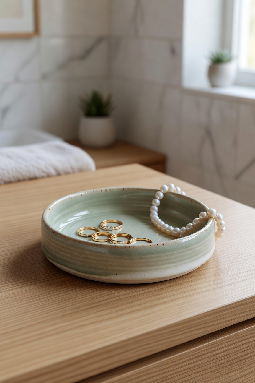 A small handthrown ceramic dish becoming the anchoring piece for jewellery rituals at the bathroom vanity.