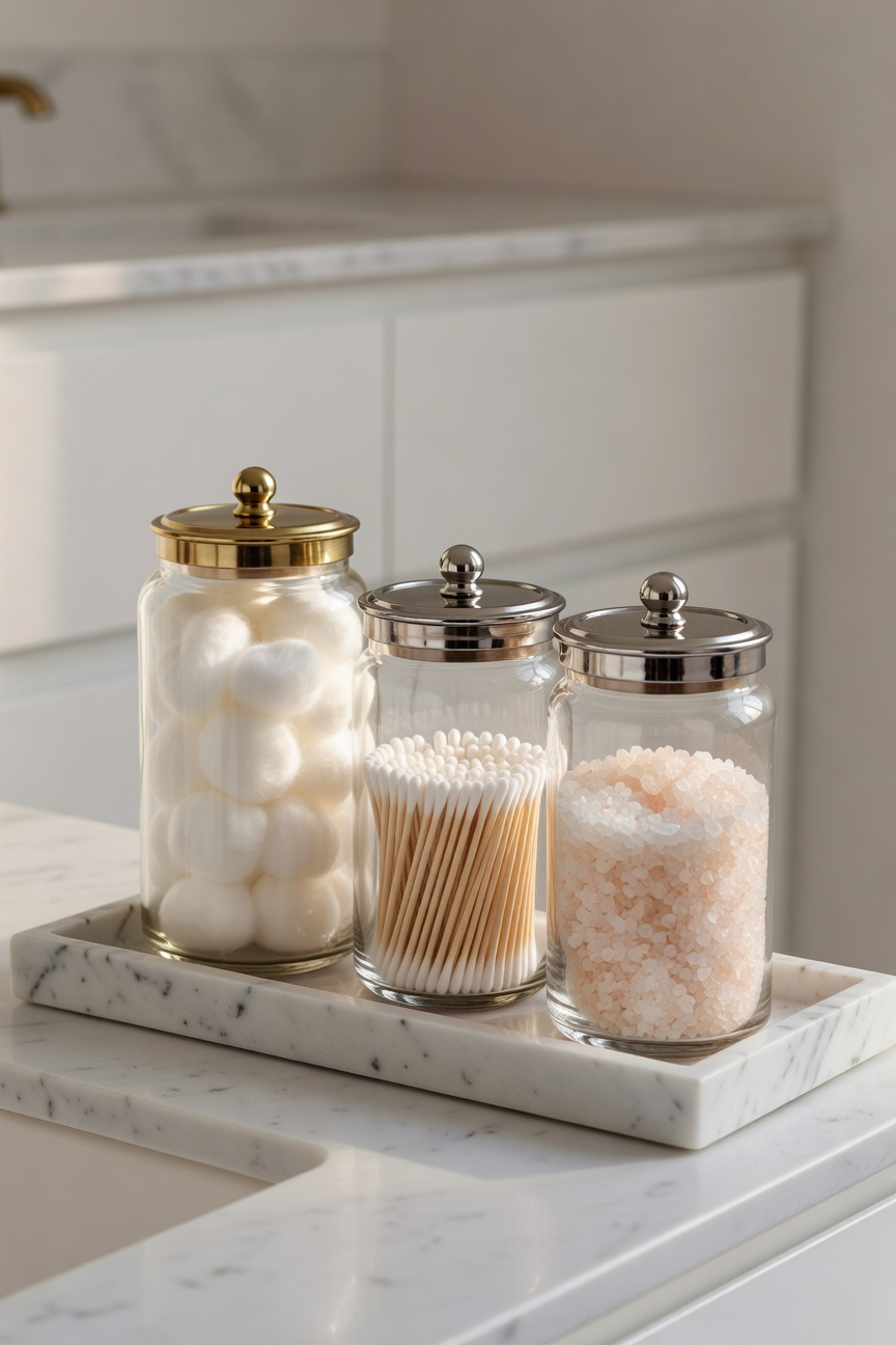 Graduated apothecary jars holding cotton rounds, Q-tips, and bath salts — organised essentials that double as elegant bathroom vanity decorations.