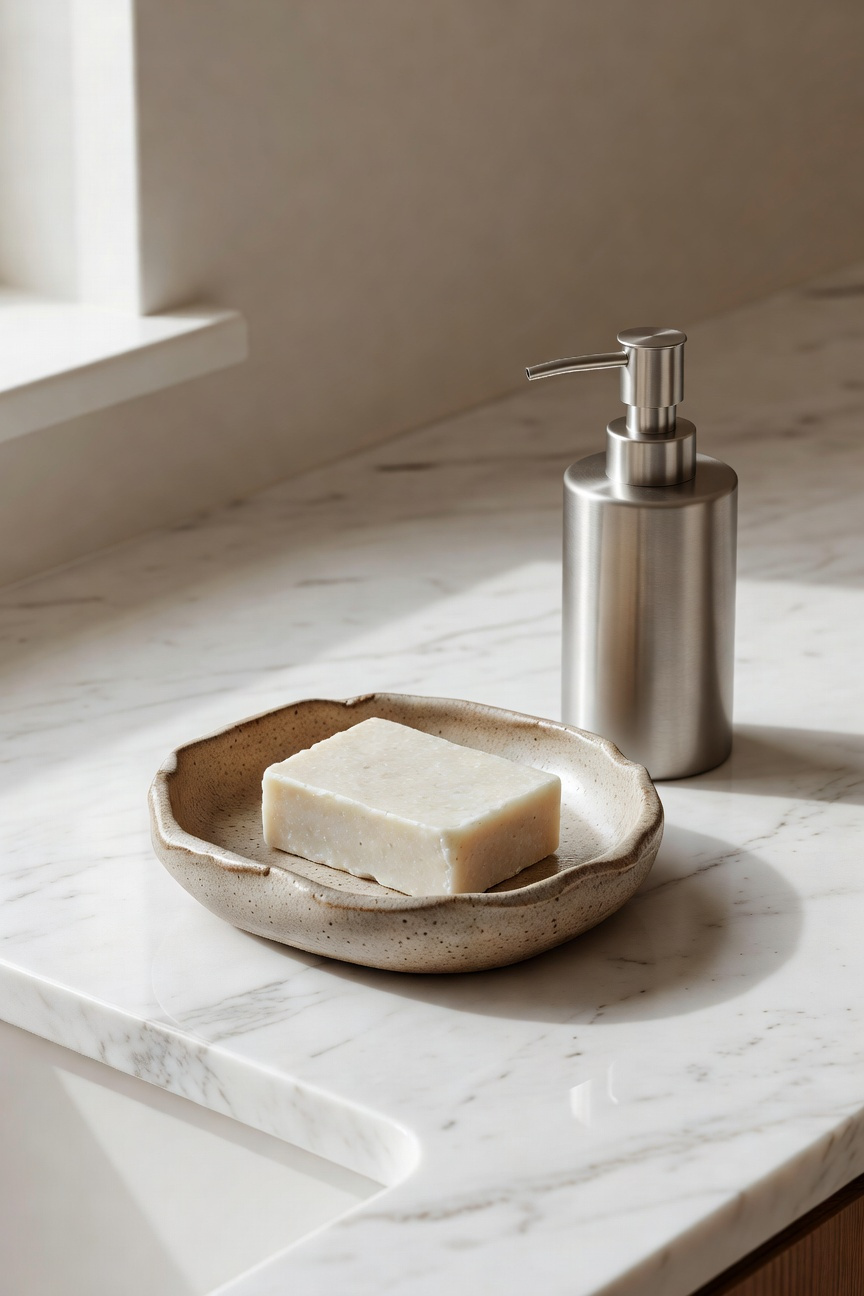 A handthrown ceramic soap dish paired with a quality refillable pump — functional bathroom vanity decorations that celebrate everyday wellness.