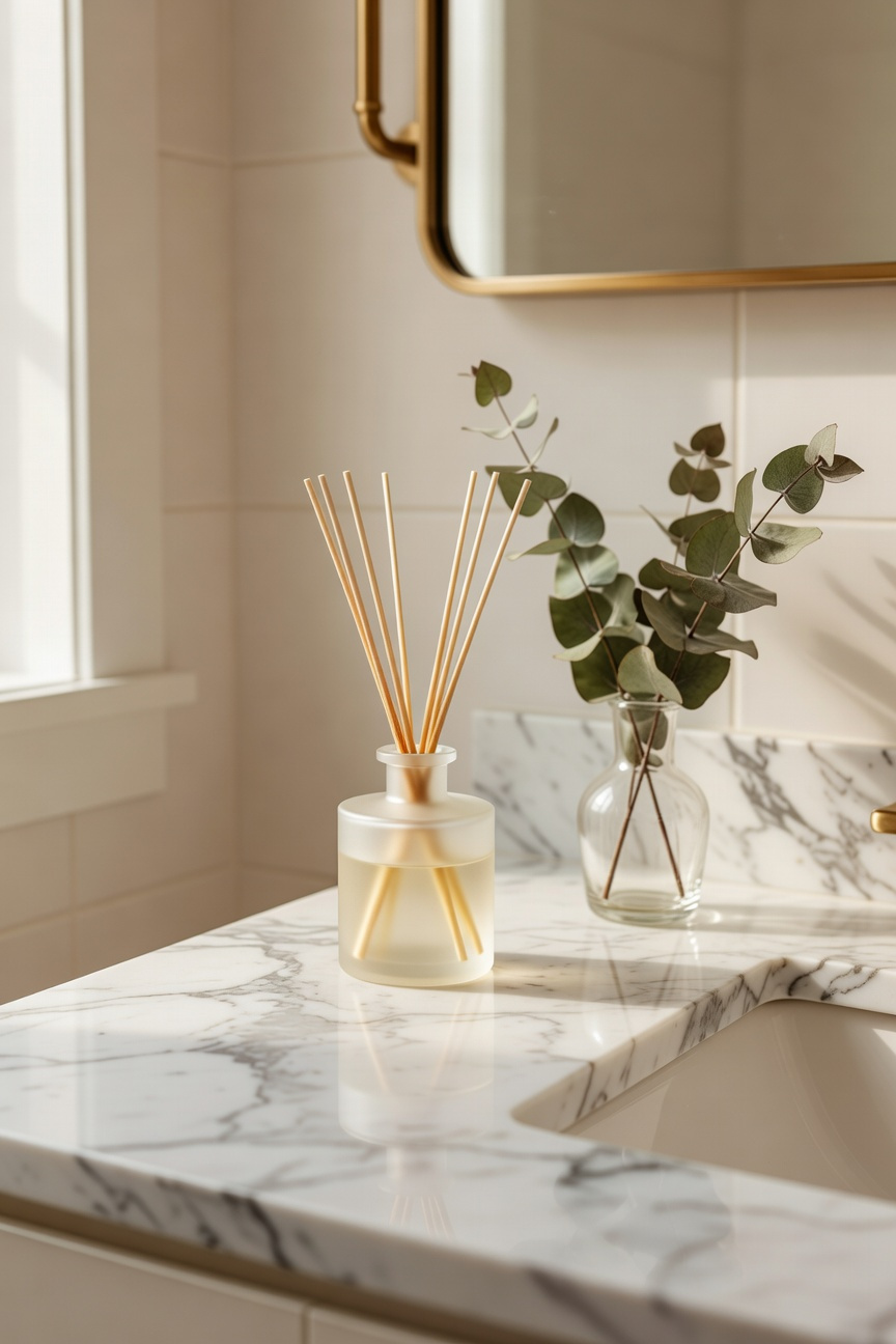 A reed diffuser providing continuous, subtle aromatherapy as part of a curated bathroom vanity decoration arrangement.
