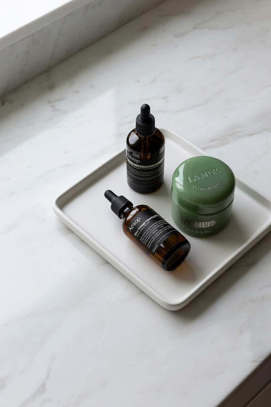 A thoughtfully edited display of 5–7 hero skincare and fragrance products that transforms everyday bathroom vanity decorations into a gallery-worthy ritual.