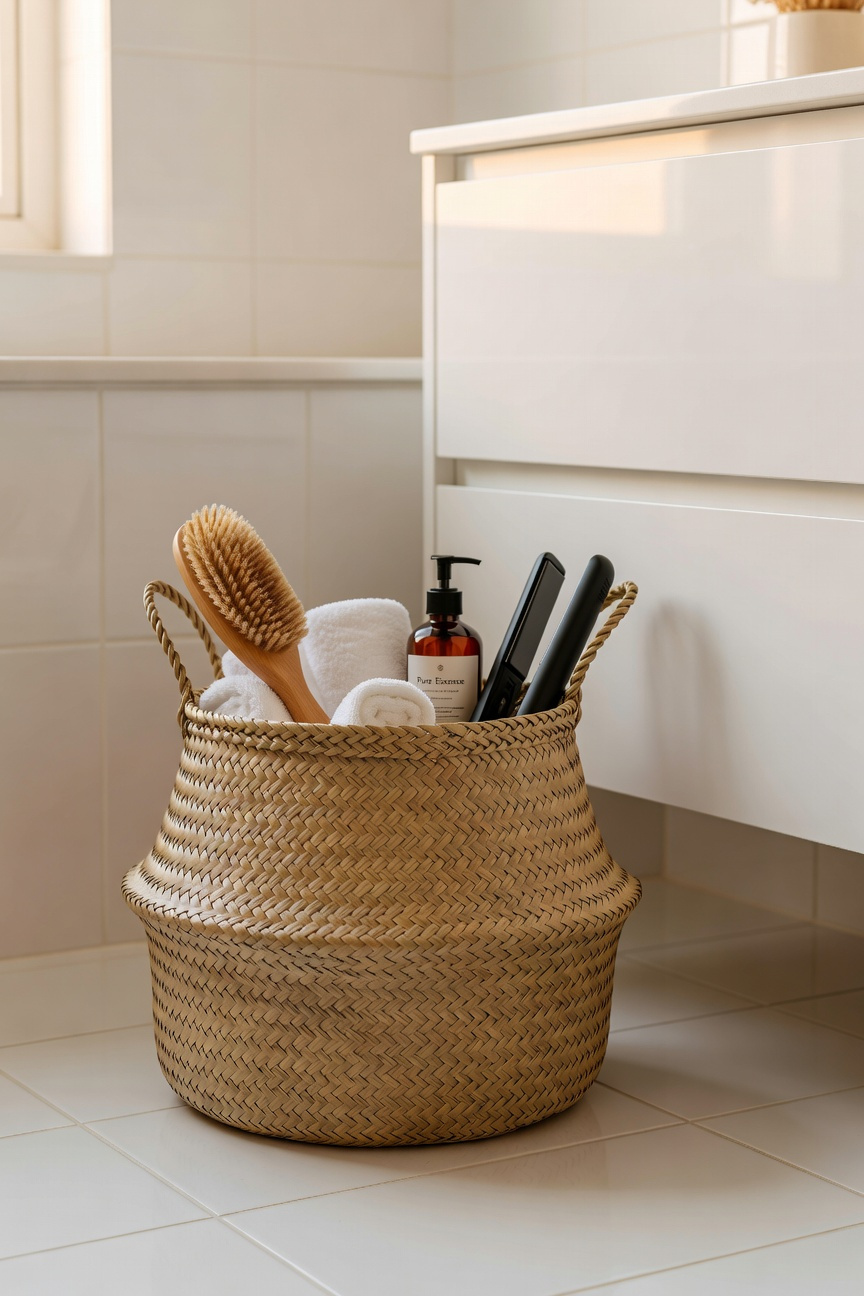 A medium seagrass basket providing warm-textured hidden storage beneath a wellness bathroom vanity.