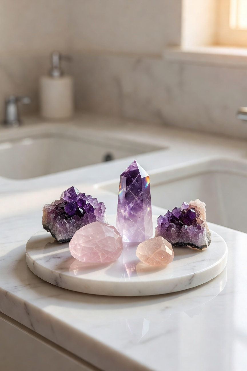 Curated crystal specimens including amethyst and rose quartz arranged on a vanity tray, providing visual grounding and stress-reducing wellness benefits.