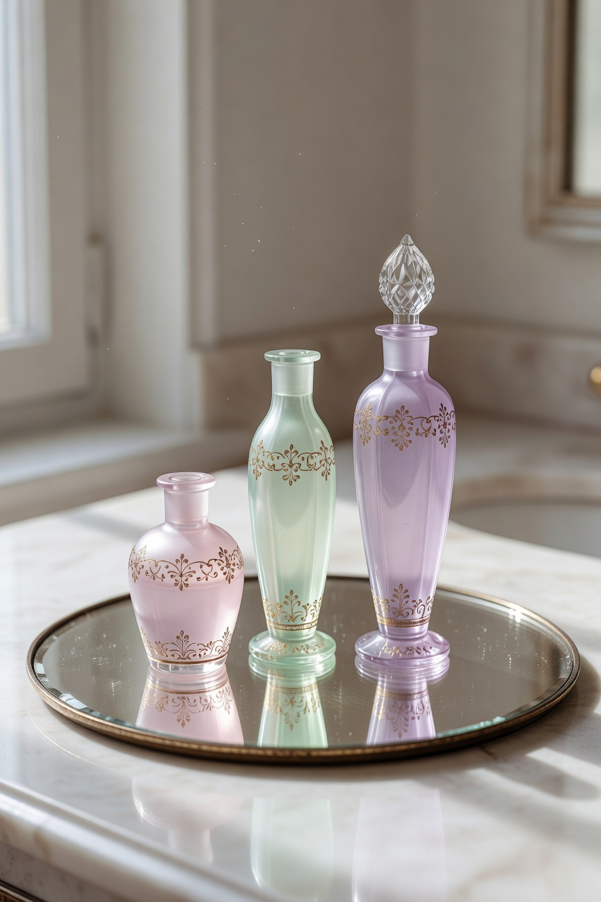 A small collection of vintage perfume bottles in Czech art glass or pressed glass creating depth and visual intrigue as bathroom vanity decorations.