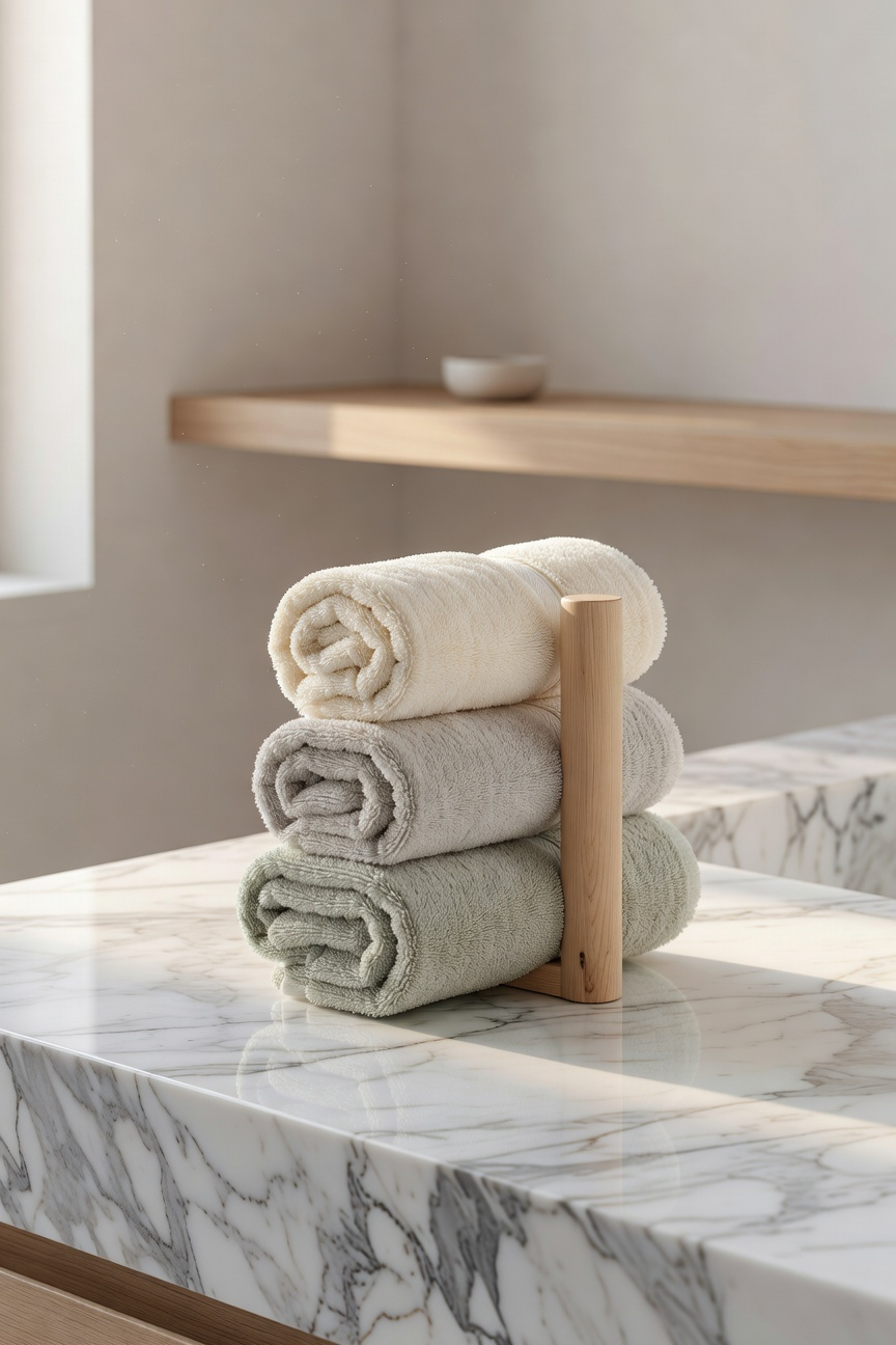 Rolled Turkish cotton towels in warm, natural tones adding texture and everyday luxury to a bathroom vanity.