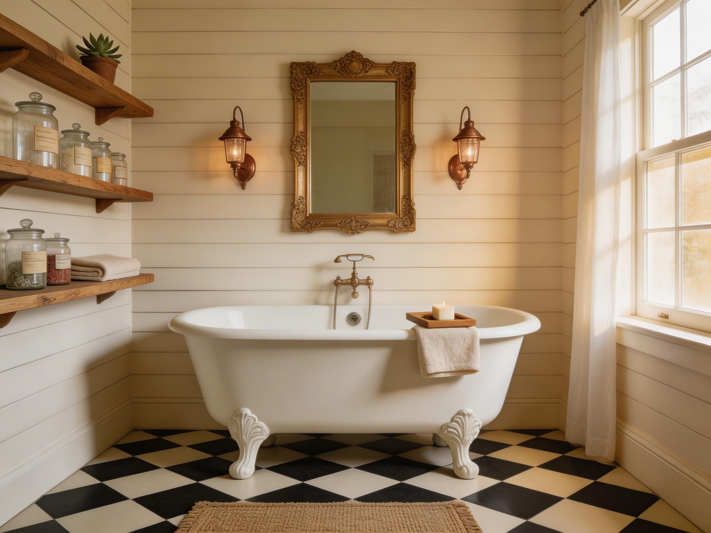 A complete cottage bathroom with claw-foot tub, shiplap walls, encaustic tile floor, and aged copper lighting — the cottage bathroom ideas that work best are the ones chosen for longevity rather than trend.