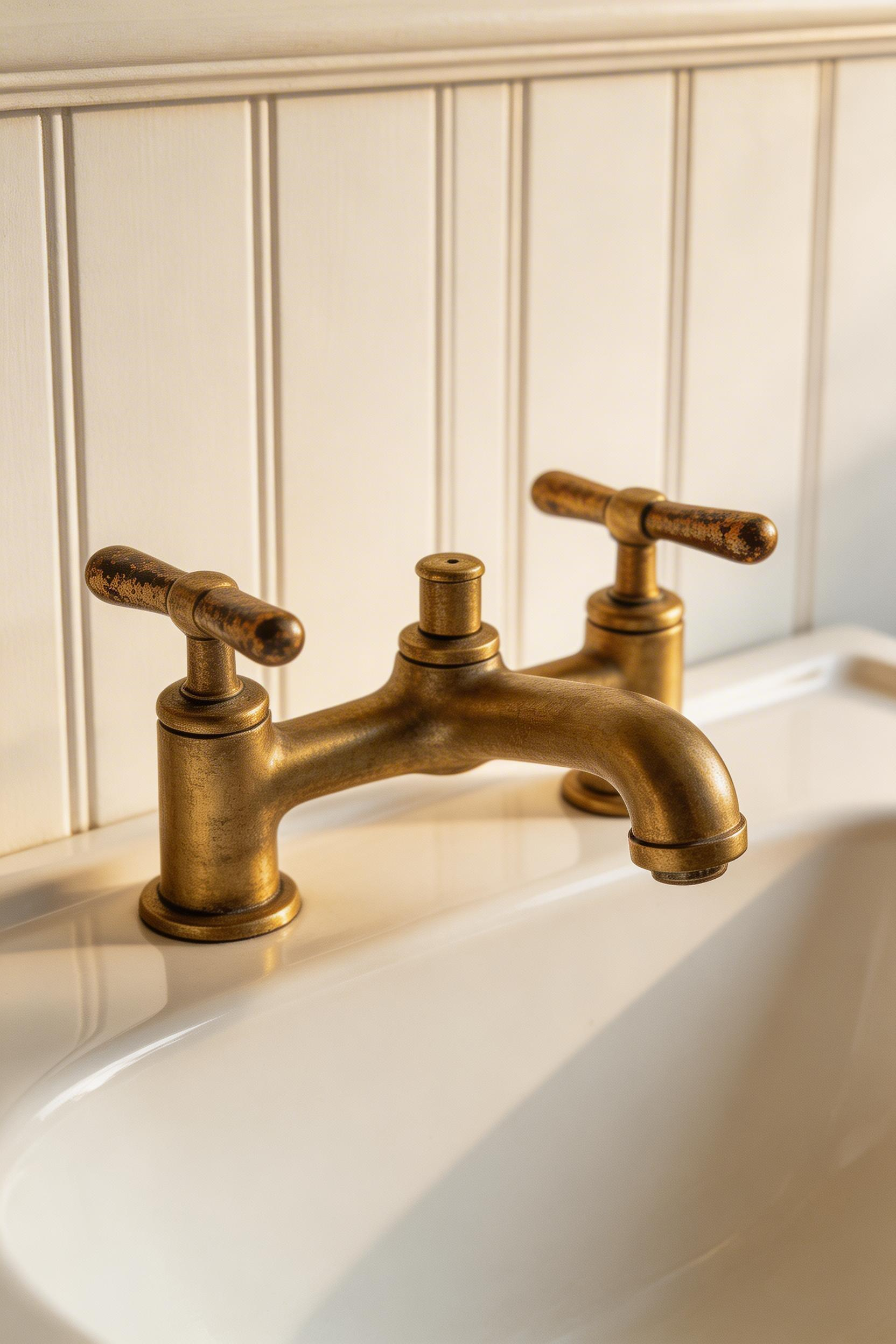 Unlacquered brass taps develop an even patina over 6–18 months that no lacquered finish can replicate — this is the honest hardware choice for cottage bathroom ideas.