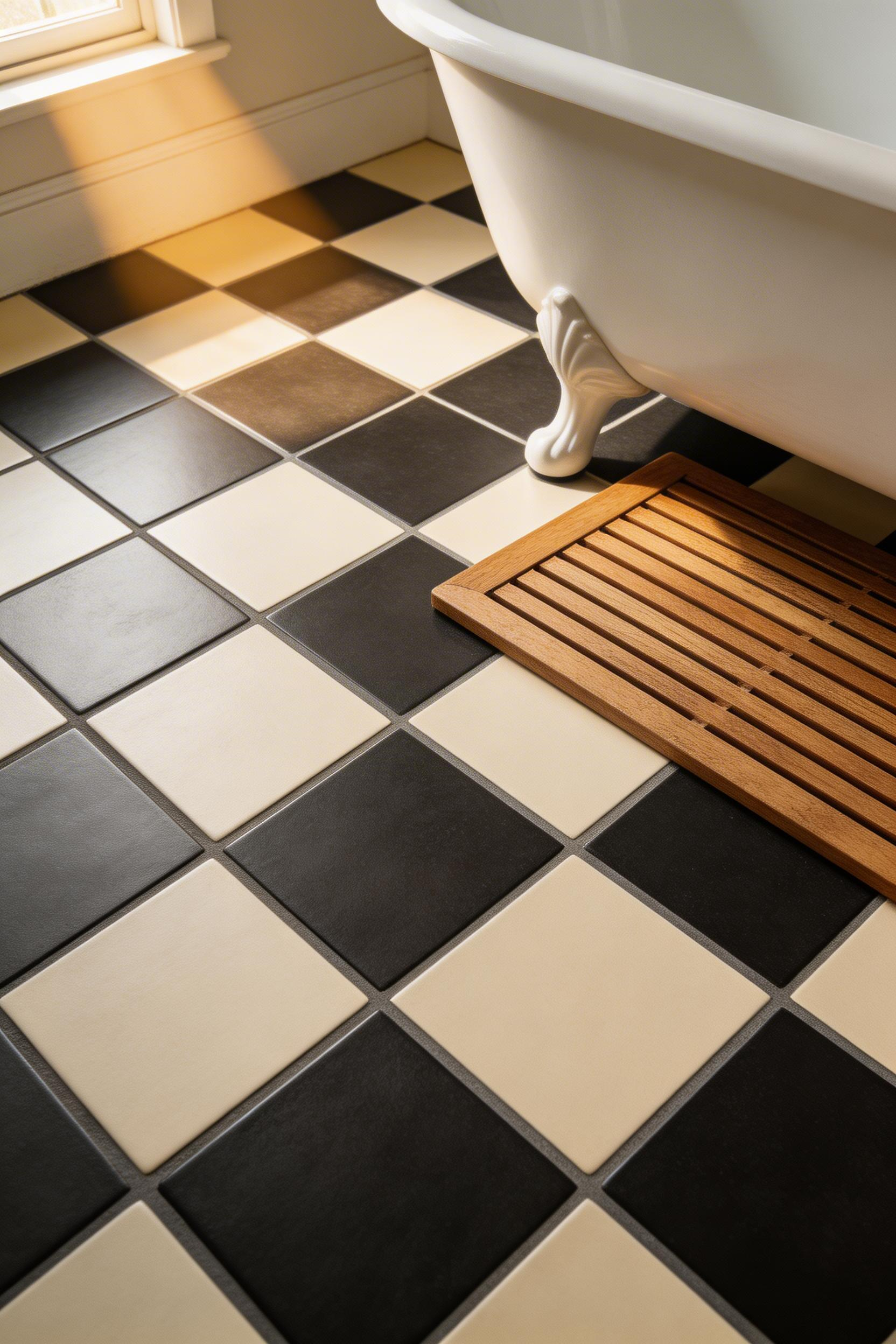 Victorian checkerboard encaustic cement tiles in black and cream are the most historically accurate floor choice for cottage bathroom ideas — seal before and after grouting to protect the porous cement surface.