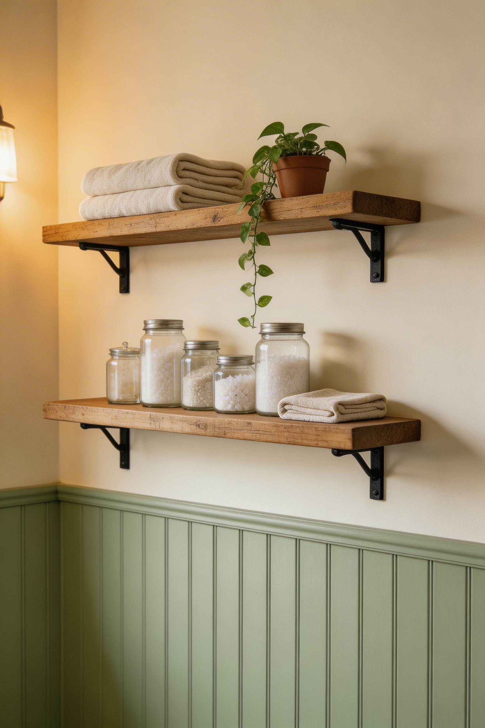 Exposed timber shelving on iron or brass brackets is one of the simplest cottage bathroom ideas — three items per shelf, displayed with restraint, reads as curated rather than cluttered.