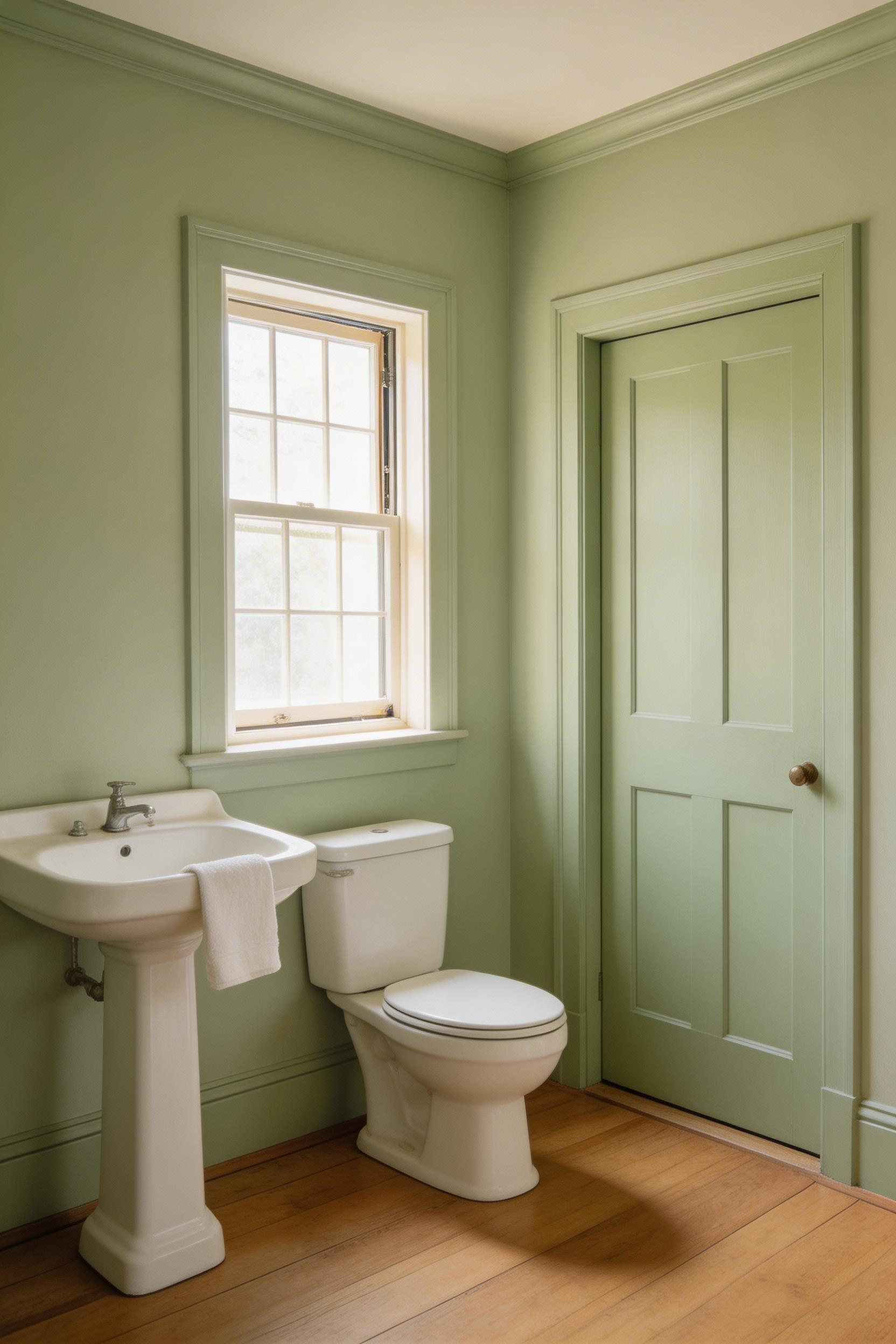 A muted sage green painted consistently on walls and trim creates the chalky, enveloping quality that distinguishes authentic cottage bathroom ideas from their brighter, more generic counterparts.