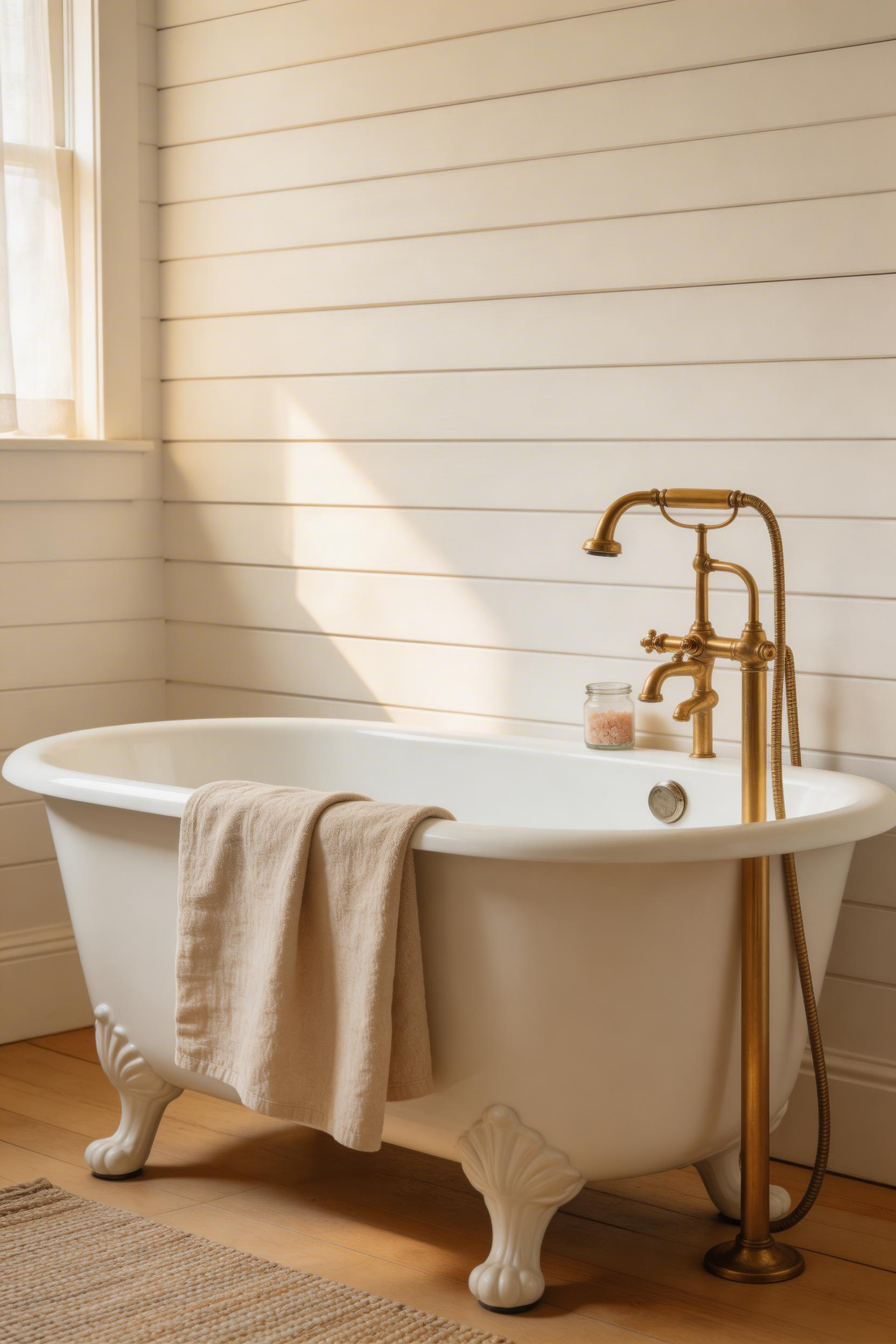 A cast iron claw-foot tub on ball-and-claw feet is the centrepiece of classic cottage bathroom ideas — position it along the longest wall with the feet fully visible from the doorway.