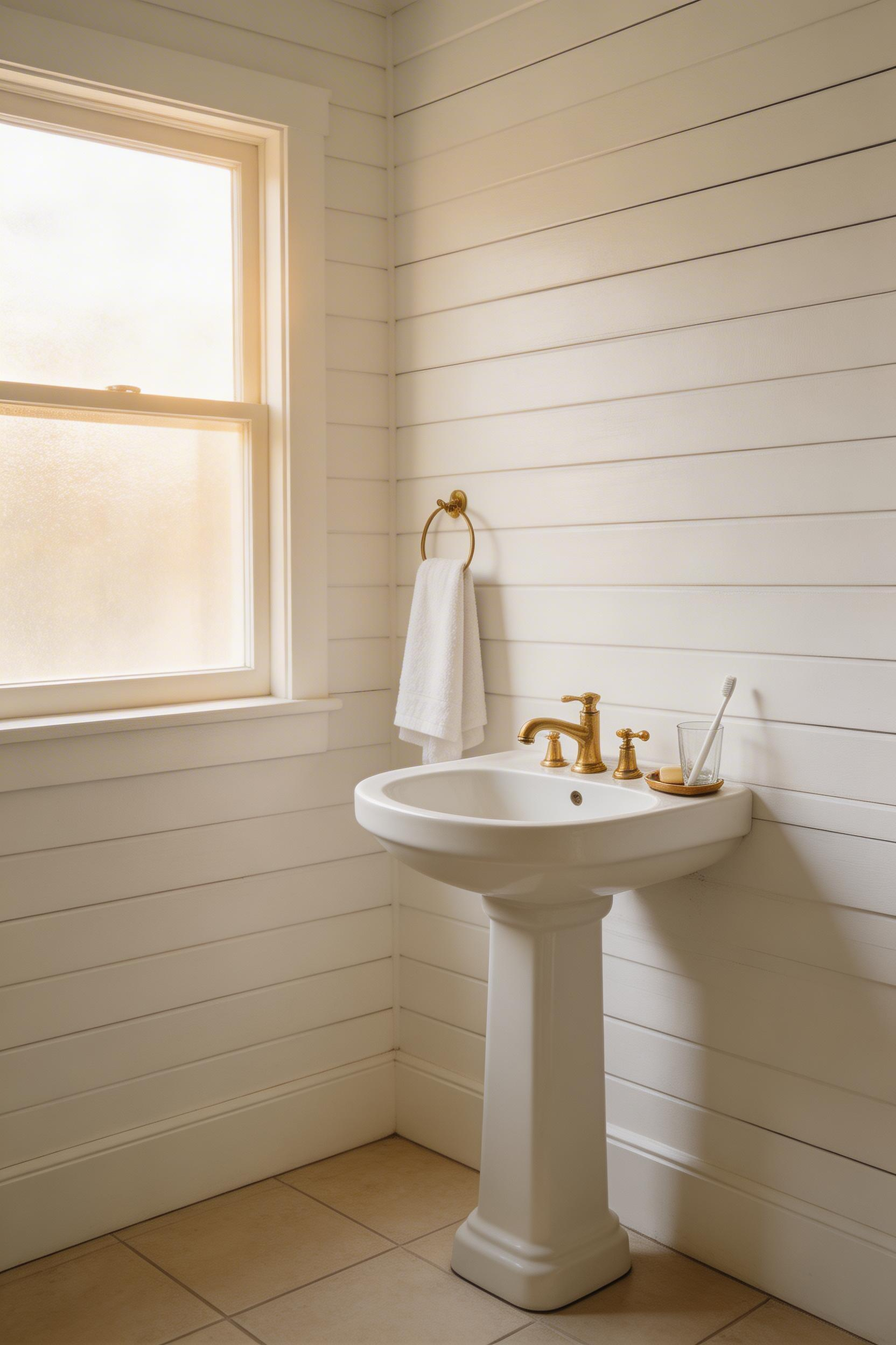 Shiplap walls painted in a warm off-white bring an honest, hardworking quality to cottage bathroom ideas — the boards need no decoration beyond the right paint colour.