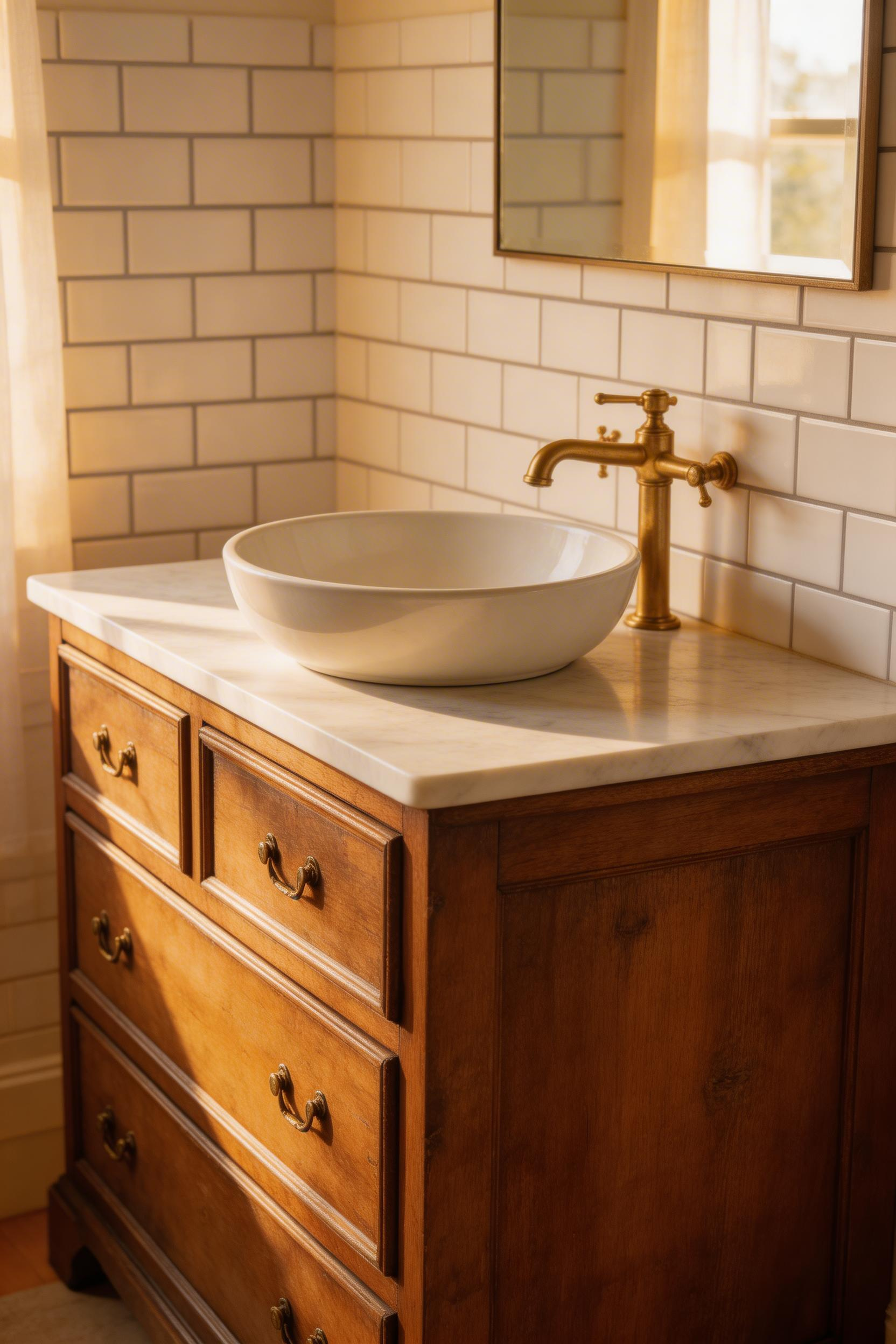 Converting a thrift-store dresser into a vanity is one of the most rewarding cottage bathroom ideas — the original drawer fronts remain functional, and the marble top suits a vessel sink perfectly.