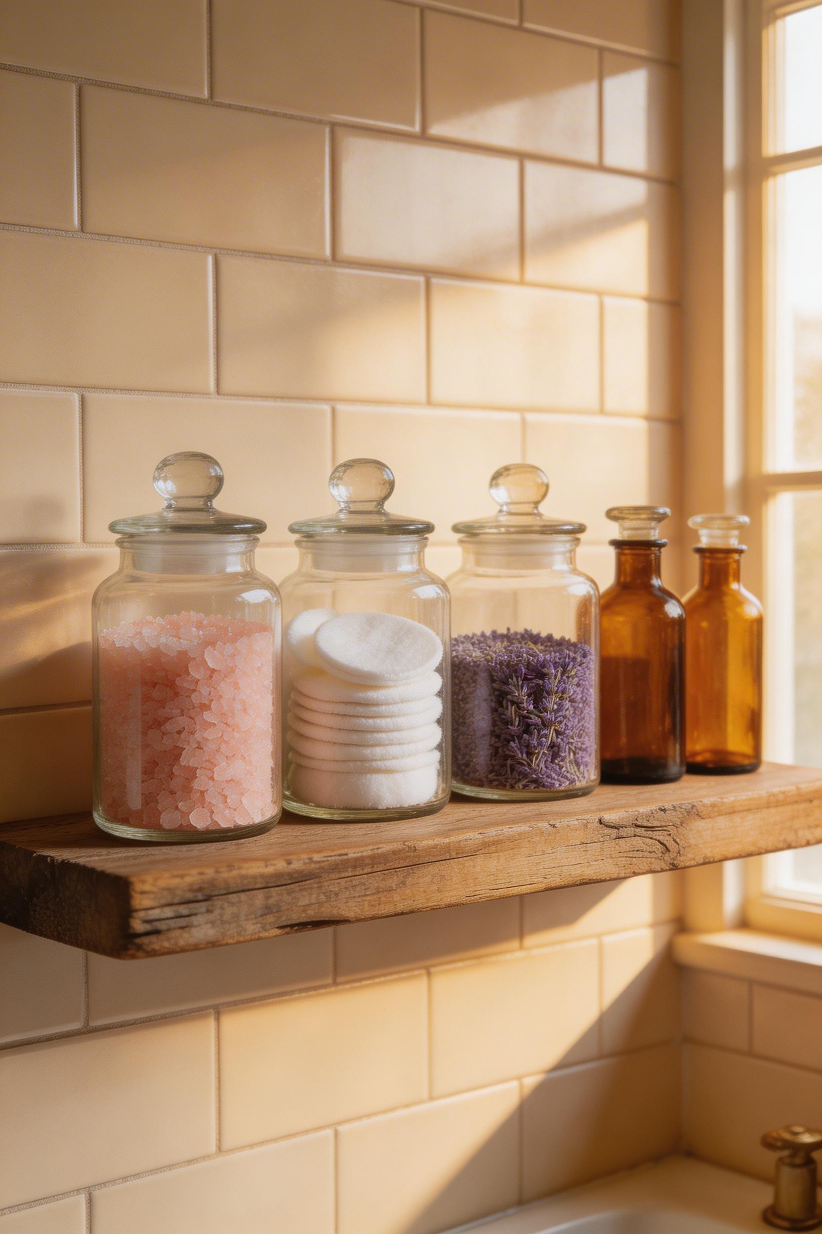 Vintage glass apothecary jars and chemist's bottles are the historically accurate storage choice for cottage bathroom ideas — decant everything worth seeing into glass and hide everything else.