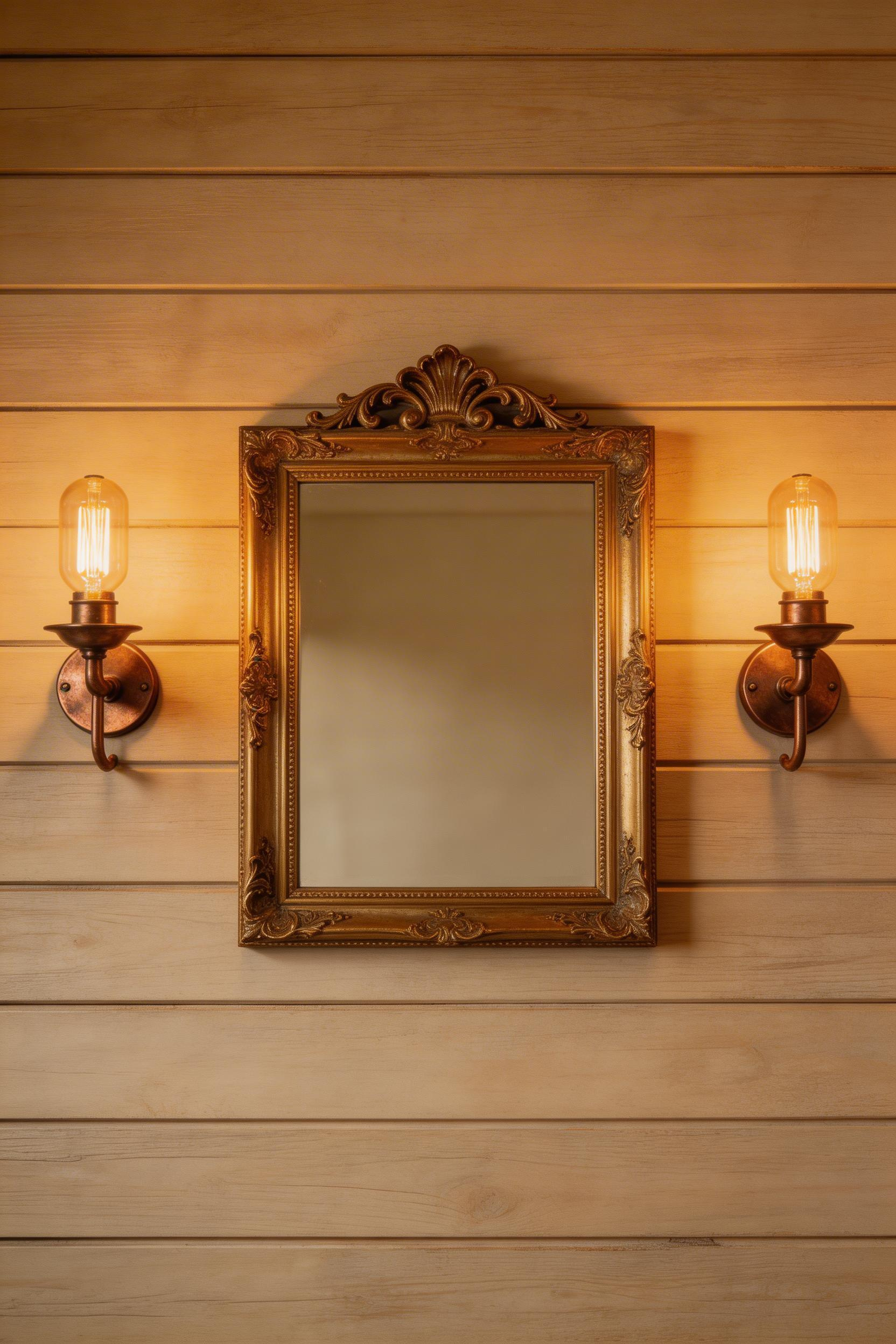Aged copper wall sconces with LED filament bulbs at 2200K colour temperature create the warm, candlelit atmosphere that authentic cottage bathroom ideas aim for at night.