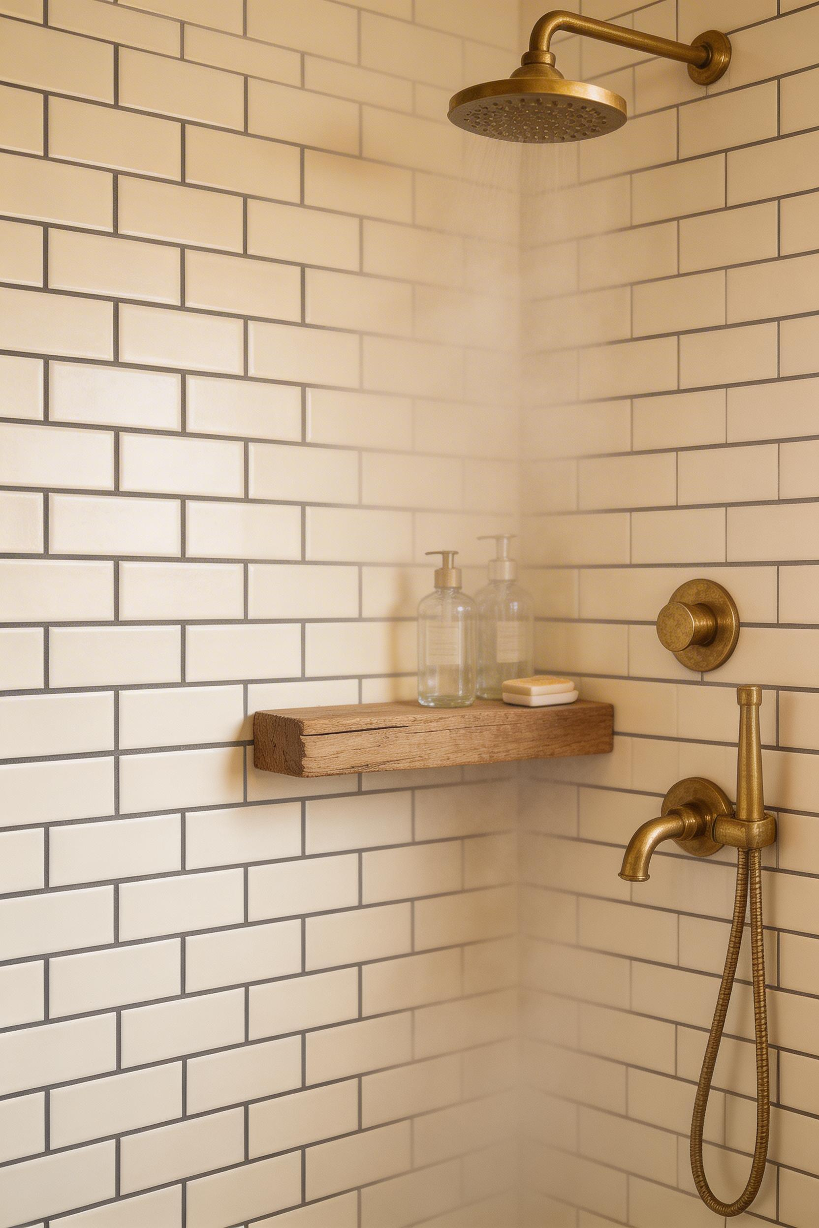 Handmade-look subway tile with charcoal grout captures the artisanal imperfection that authentic cottage bathroom ideas require — each tile catches light slightly differently across the surface.