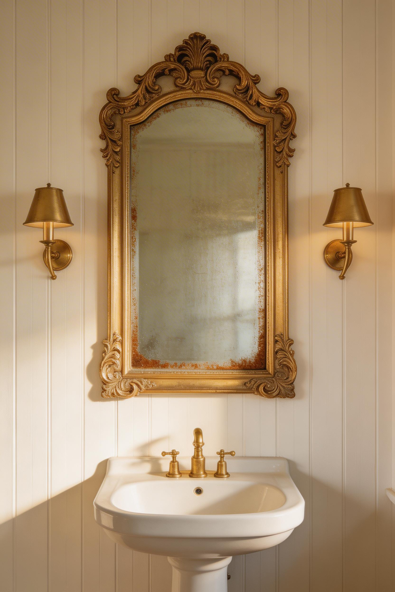 A rescued overmantel mirror repurposed above a bathroom vanity is one of the most characterful cottage bathroom ideas — the original mercury glass has a warmth that modern float glass cannot replicate.