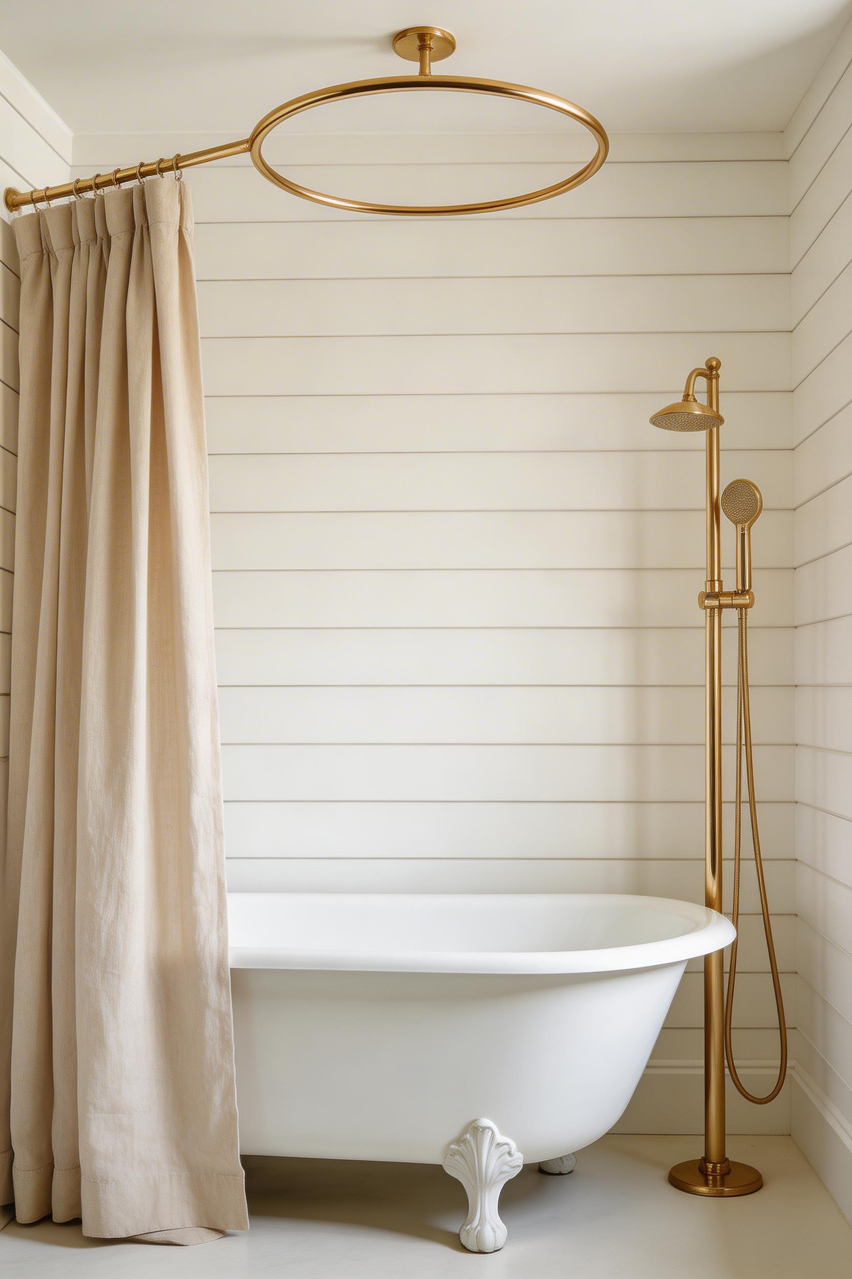 A brass ceiling-mount shower ring over a claw-foot tub is the practical solution that preserves the open, airy quality of authentic cottage bathroom ideas — the curtain pushed aside reveals the tub in full.