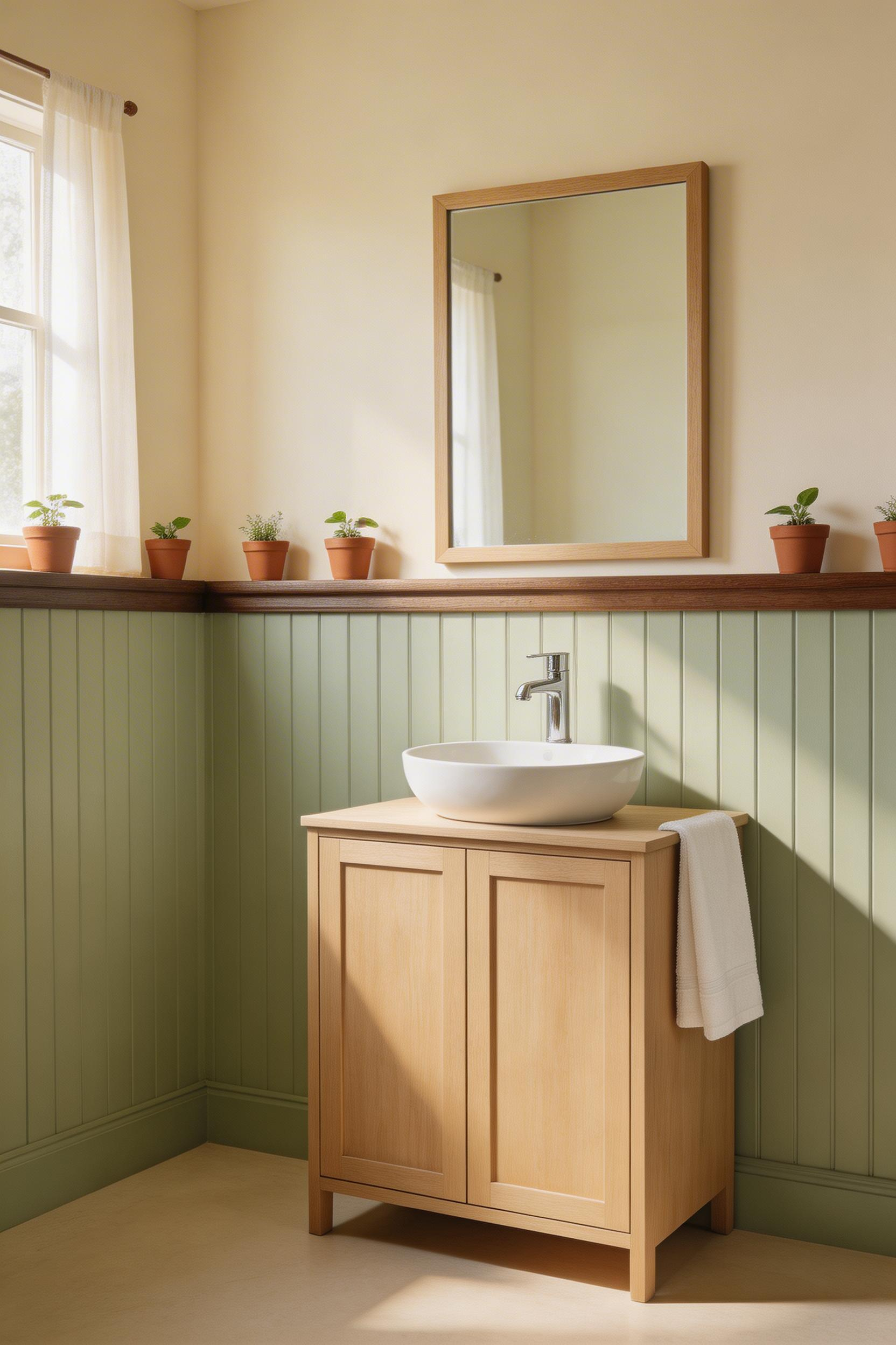 Beadboard wainscoting painted in sage green gives cottage bathroom ideas their characteristic visual weight — the dado rail acts as a natural display ledge for plants and small objects.