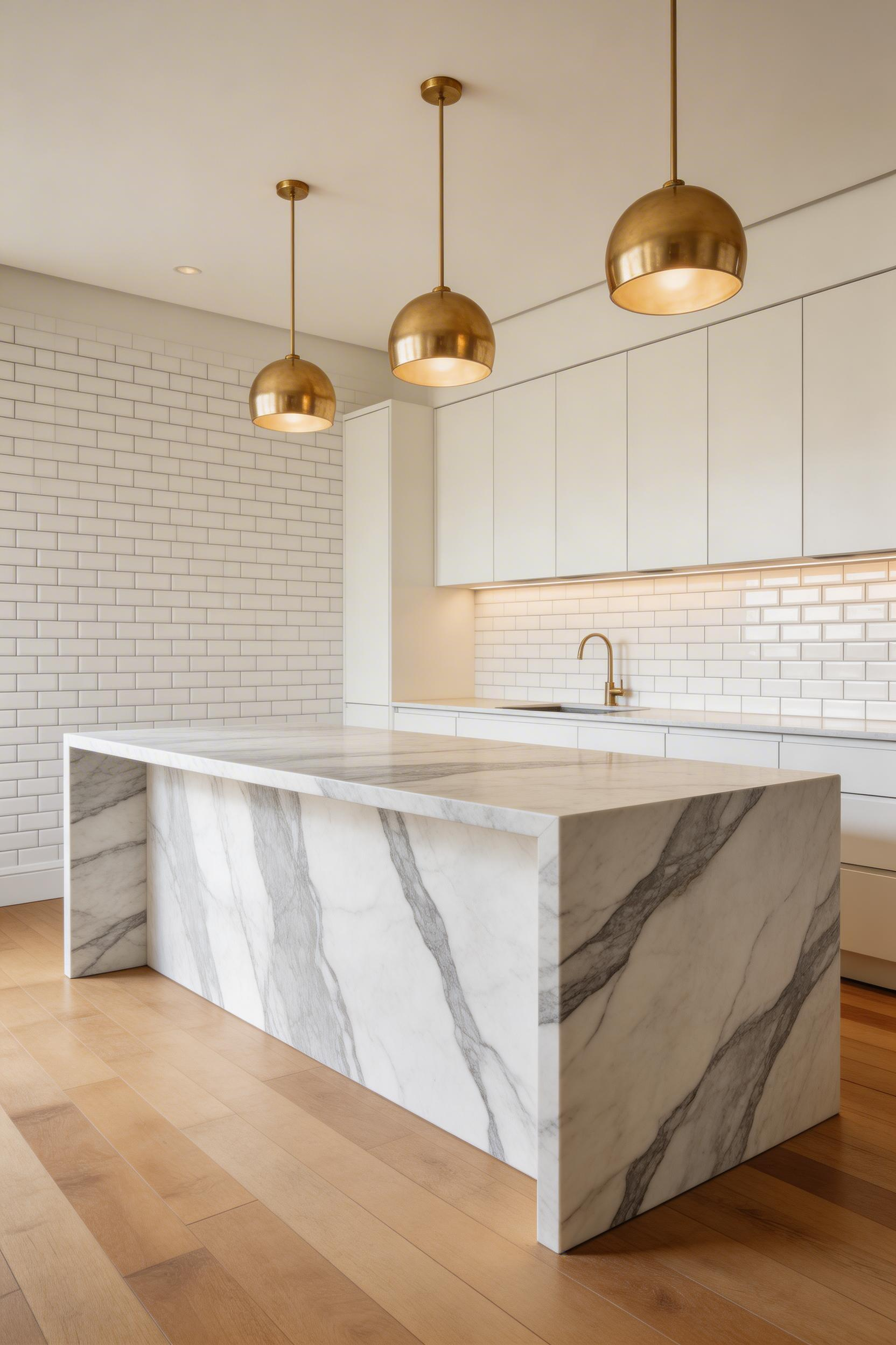 A Statuario marble waterfall island paired with classic glossy metro tile — the statement surface balanced by a quiet, light-reflecting backsplash.