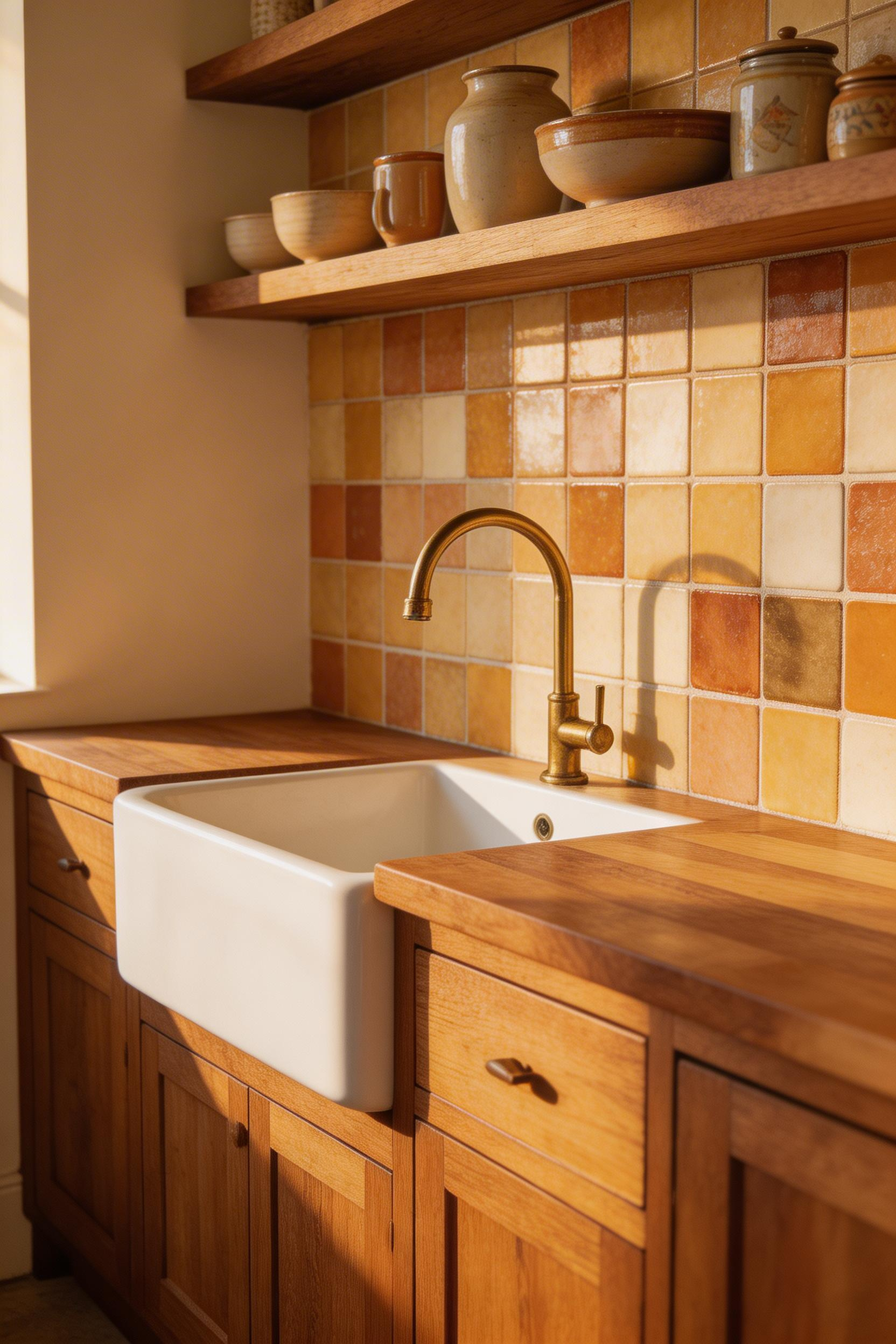 Walnut butcher block countertops with authentic Moroccan zellige tile — a combination that captures warmth and craft in equal measure.