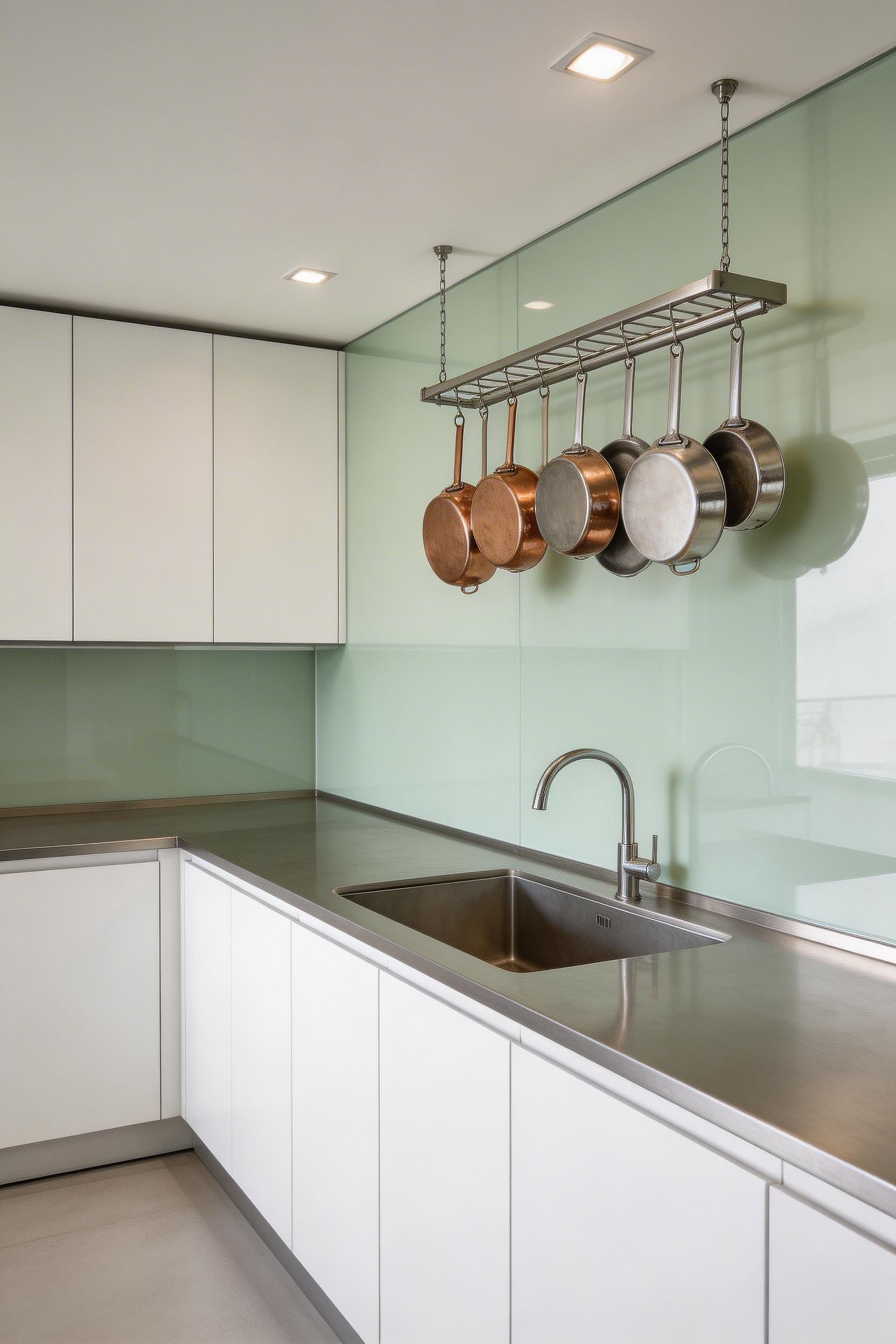 Stainless steel countertops with full-height glass backsplash — a professional-grade kitchen surface combination that prioritises function without sacrificing design clarity.