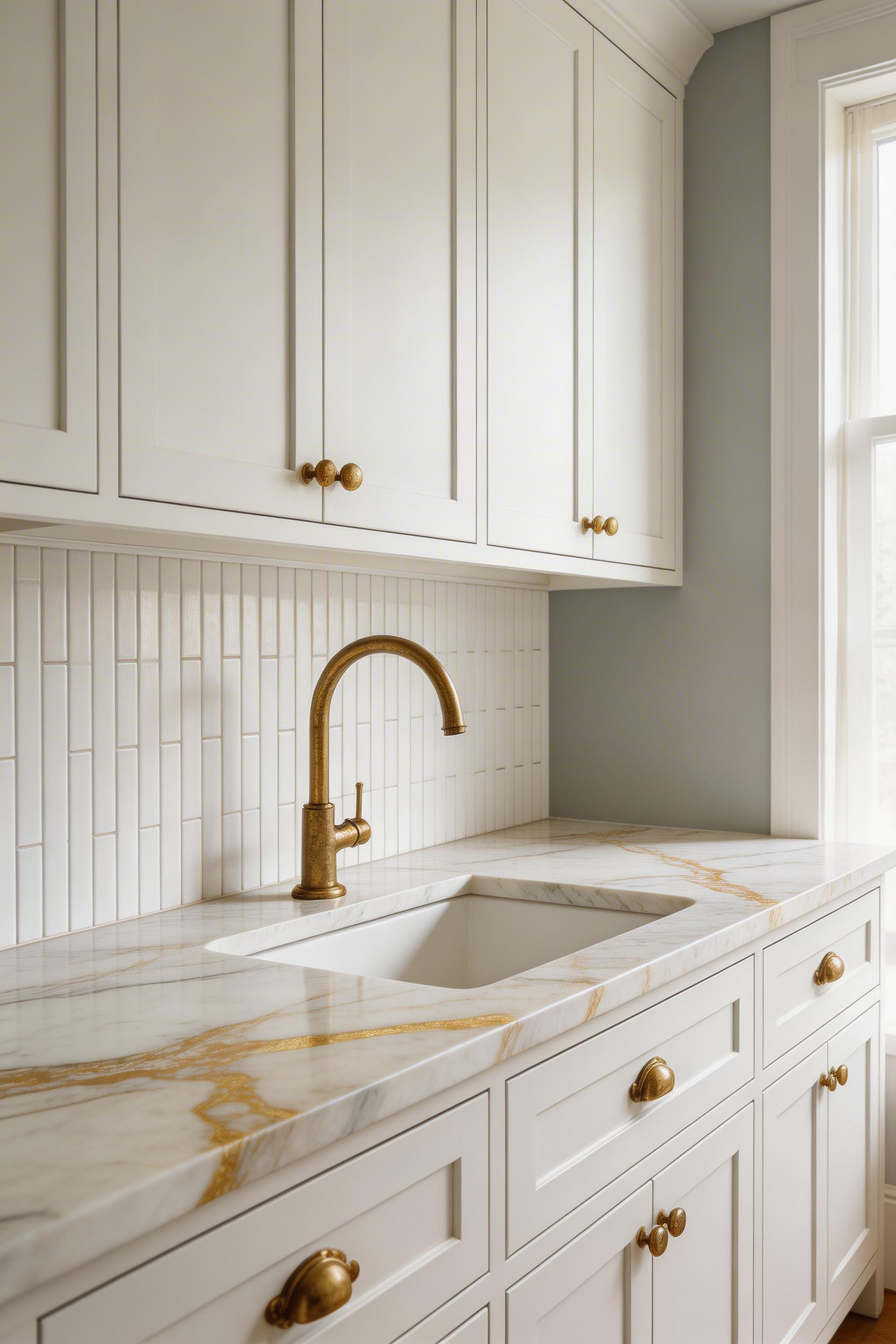 Calacatta marble countertops supported by simple white tile and unlacquered brass fixtures — luxury made meaningful through honest patina.