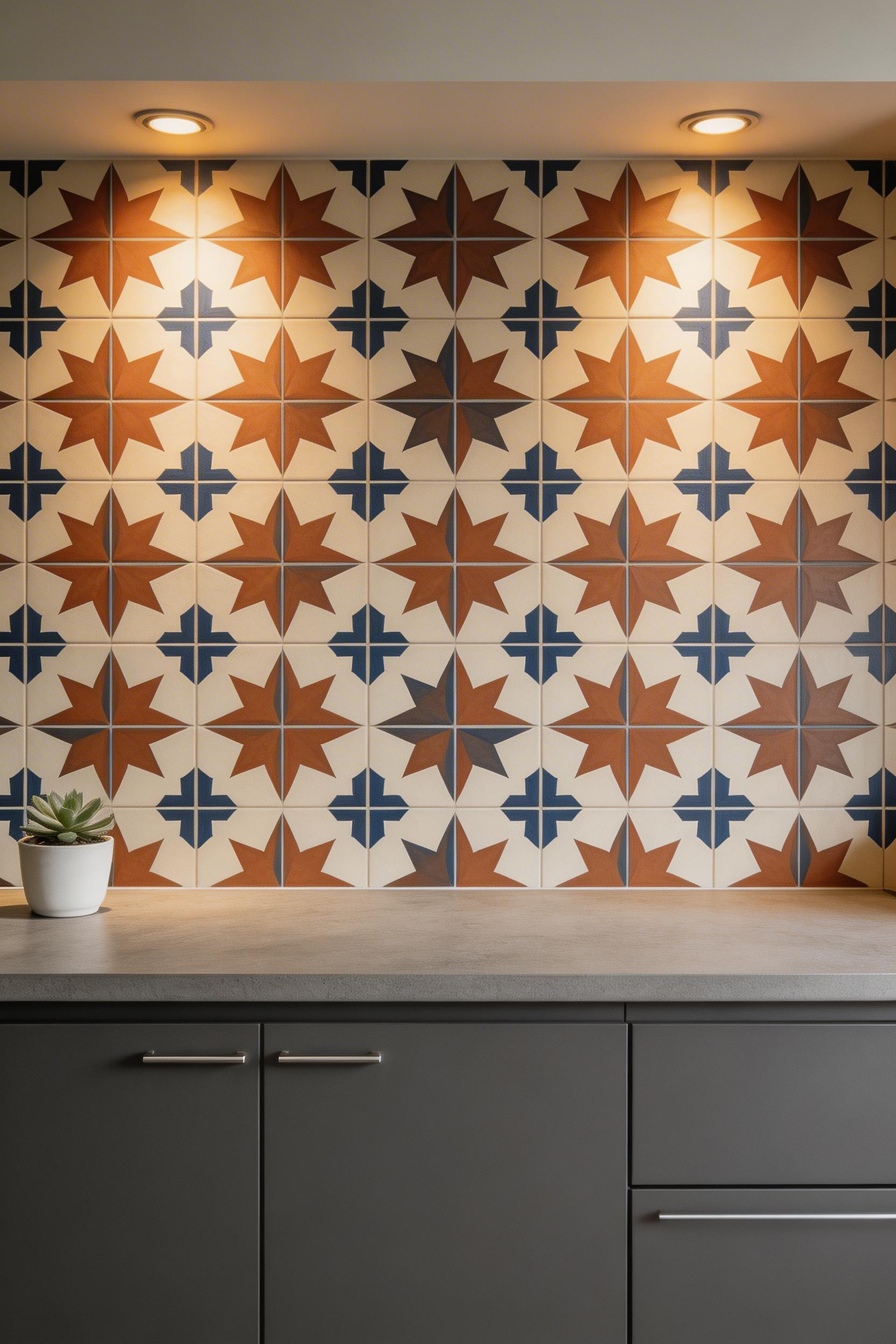 Dekton ultra-compact countertops with patterned encaustic cement tile backsplash — maximum durability meets maximum personality in a kitchen that covers both bases.