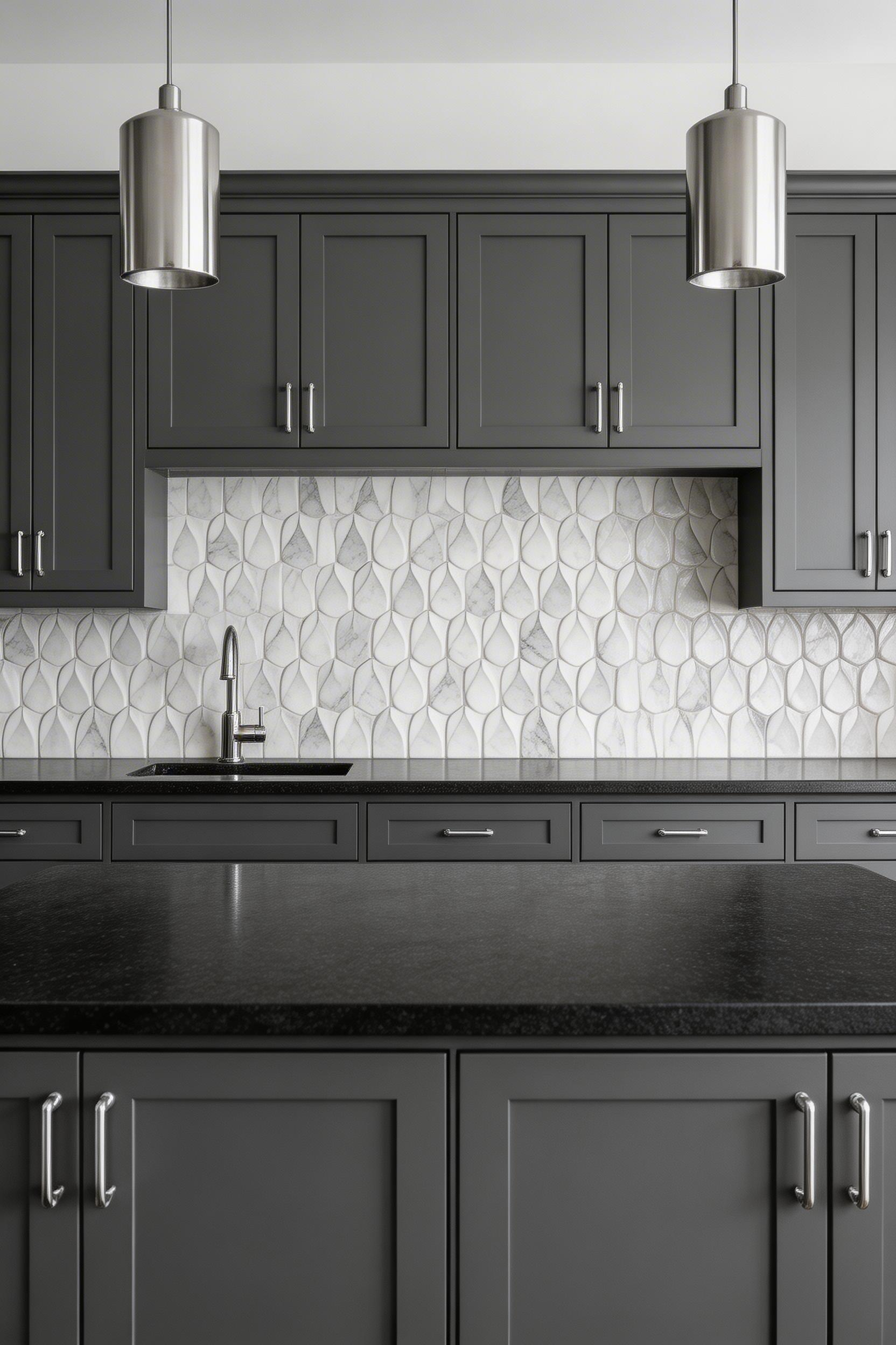 Honed black granite countertops with white arabesque marble backsplash — a high-contrast pairing that creates sophisticated drama in any kitchen.