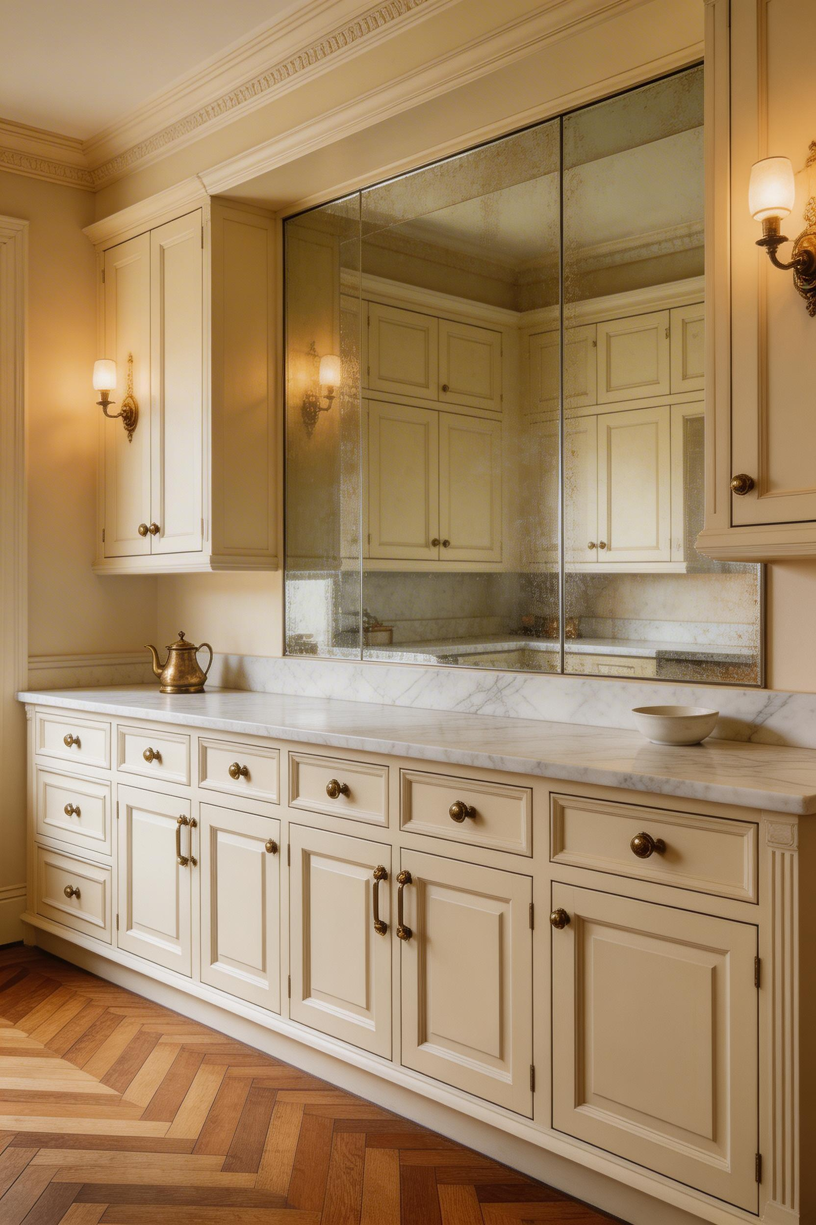White Carrera marble countertops with antique mirror backsplash — a combination with 1920s Parisian precedent that transforms dark kitchens through soft light reflection.