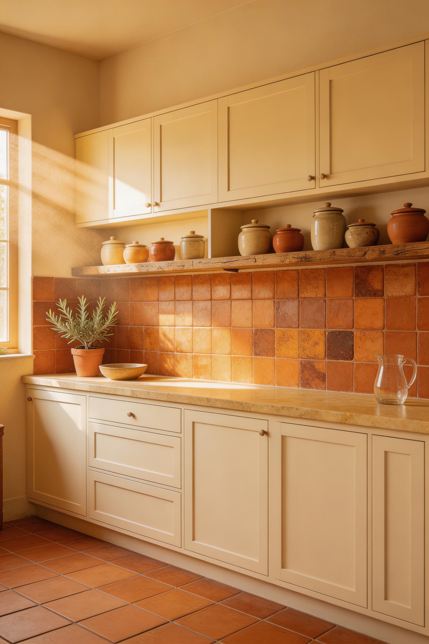 Honed limestone countertops with handmade terracotta tile — a Mediterranean pairing that patinas together to create a kitchen that feels built, not renovated.