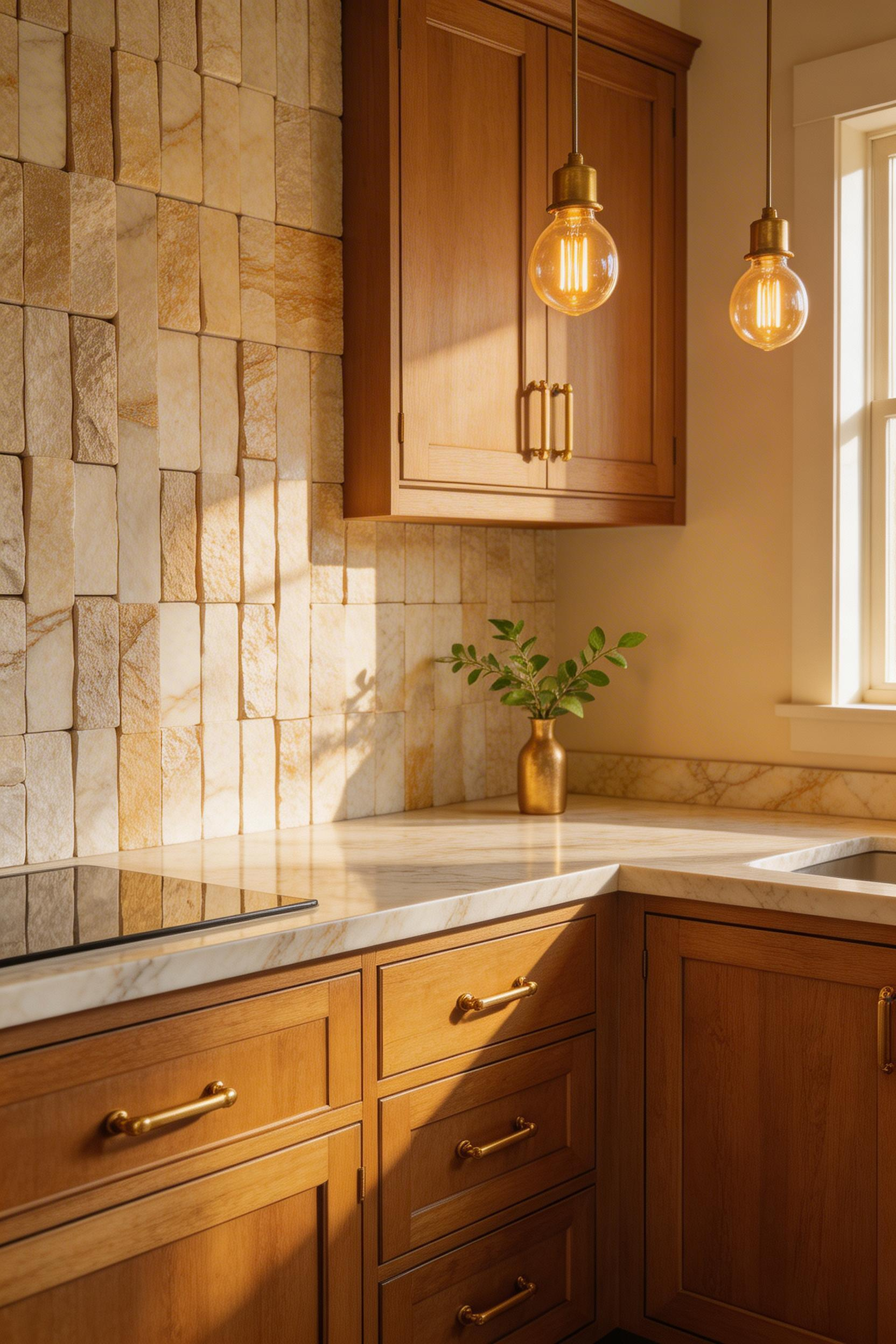 Taj Mahal quartzite countertops with vertical stacked stone veneer — natural stone from surface to wall, creating an architectural kitchen with genuine depth.
