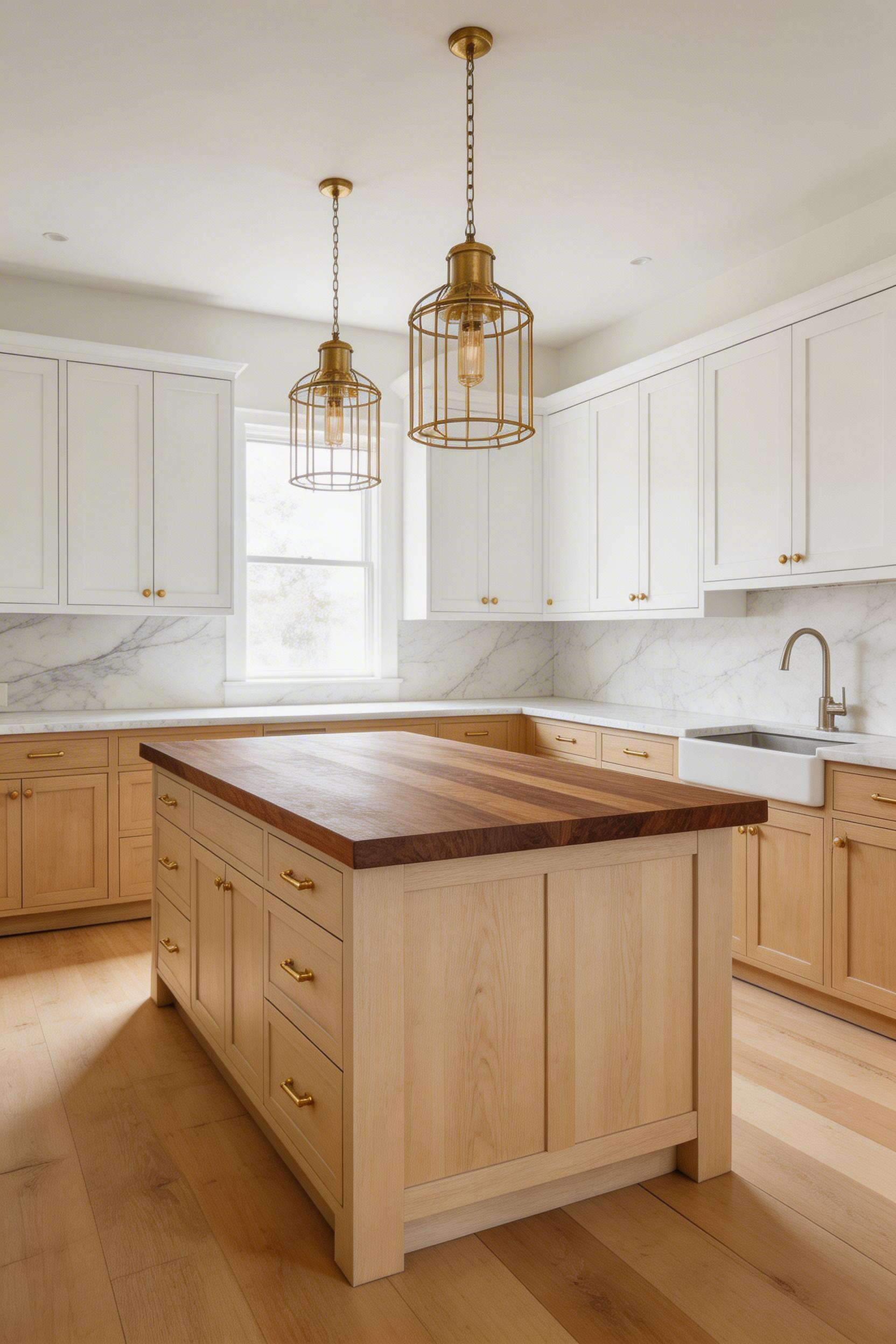 Two-tone countertops — white quartz perimeter and walnut butcher block island — the material contrast that gives each surface a defined visual role.
