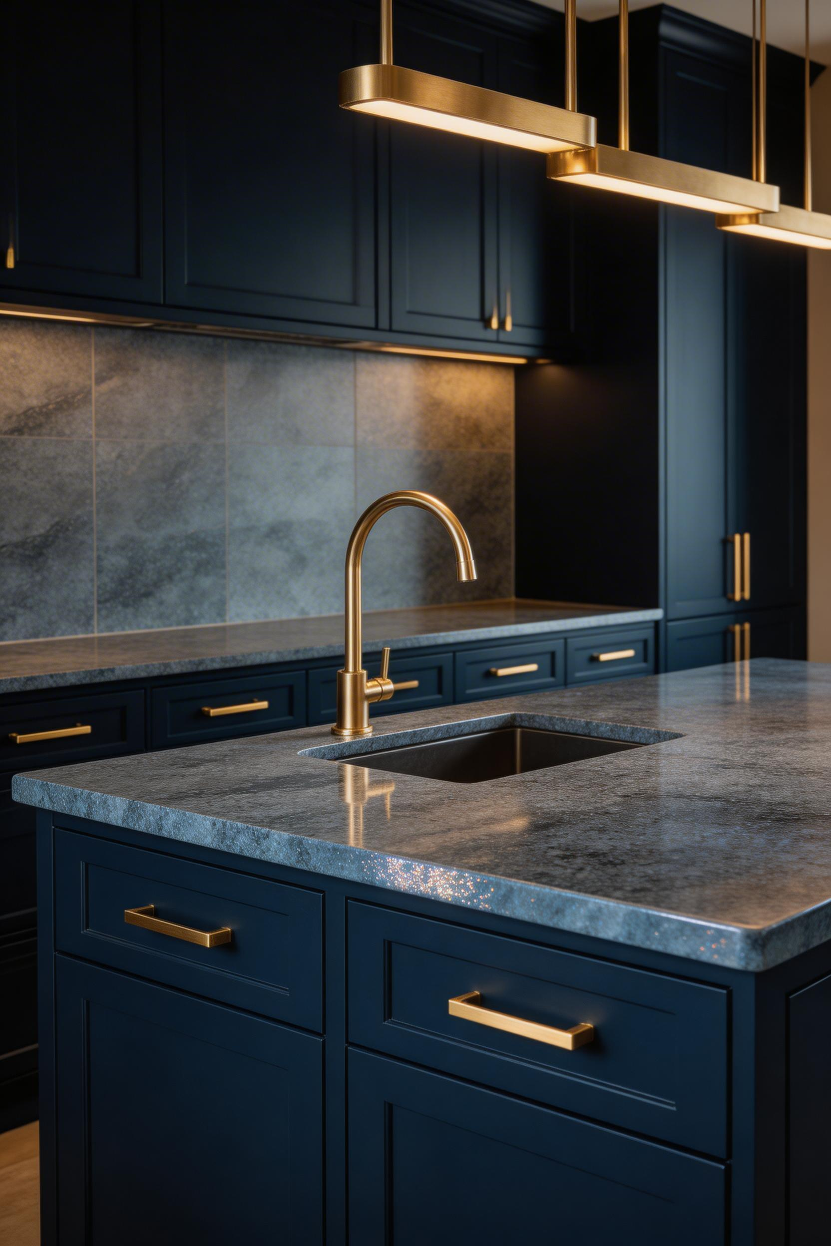 Leathered Blue Pearl granite with large-format porcelain slab backsplash — a textural pairing that elevates the kitchen through contrast of scale.